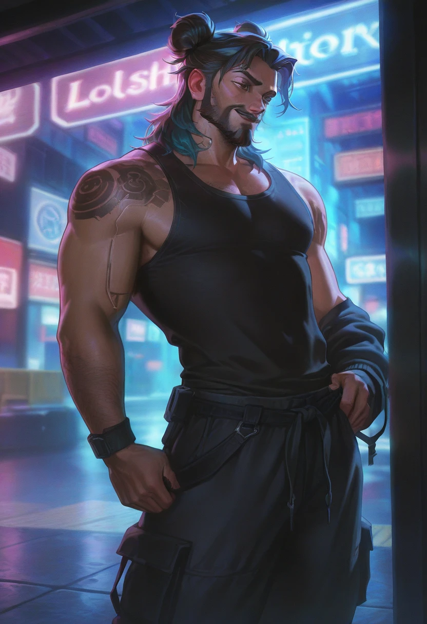 man:1.5,1 man,tracker man,(1man),((man:1.5 with long hair)),

(((1male,handsome man,male,male gender:1.5,male focus))),macho man,

((long black hair,detailed hair,highly detailed hair,black hair,very short beard:1.2)),(((lustrous skin:1.5,tanned skin,bright skin: 1.5,skin tanned,shiny skin,very shiny skin,shiny body,illuminated skin))),(((brown_eyes:1.2))),intricate eyes,beautiful detailed eyes,symmetrical eyes,man chest,handsome face,((muscular)),(((detailed face))),

alluring look,nsfw,

(((bare chest))),green pants,((bulge in pants)),((tracker outfit)),(wearing a tracker outfit:1.3,tracker clothes),((wet clothes,intricate outfit,intricate clothes)),

(dynamic pose:1.0),solo focus,((evil smile,evil look)),(centered,scale to fit dimensions,Rule of thirds),

cyberpunk city by the ocean at night, with bright neon signs and dark stormy clouds and puddles, scenery:1.25,nighttime, starry night, cosmos,Very dark night that makes the neon lights stand out, very bright neon lights,nighttime, starry night, cosmos,

artistic photography,(photography taken by sldr),highres, sharp focus, (ultra detailed, extremely detailed), (photorealistic artwork:1.37),(extremely detailed CG unity 8k wallpaper),((synthwave background theme)),(((vibrant colors))),(intricate background),(masterpiece),(best quality)
