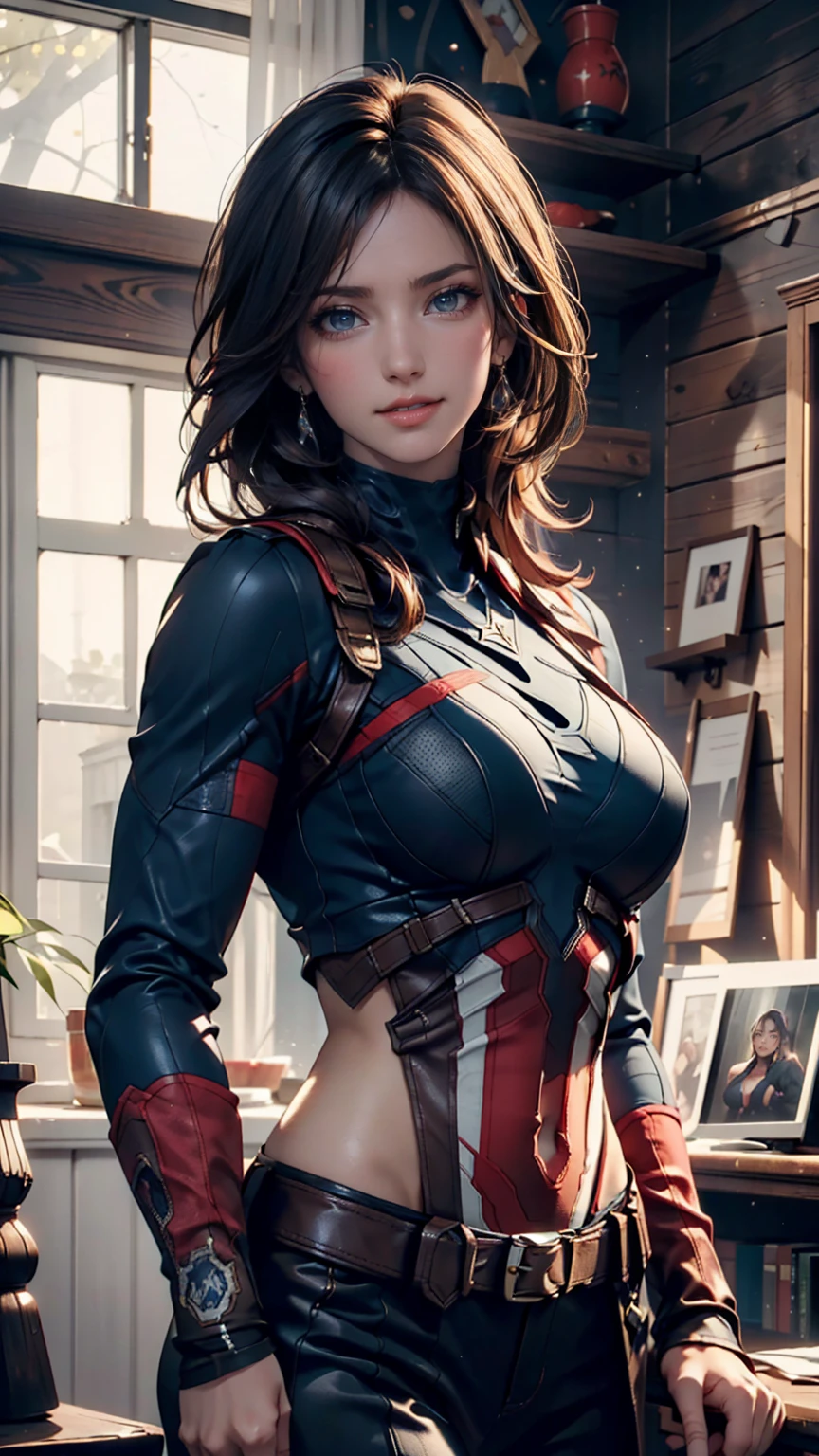 (((1 woman, Pretty Caucasian (female), Sarah Shahi, a slim but muscular body, huge breasts, short dark brown messy hair, blue eyes, ultra high resolution, masterpiece, highest quality, perfect detailed hands and fingers, perfect detailed eyes, perfect lighting, detailed lighting, dramatic shadow, ray tracing, perfect anatomy, Voluptuous, exposed large cleavage, symmetrical eyes, chubby lips, big , big ass, big beautiful thighs, abs, muscle, well exposed thighs, smiling, looking at viewer, erotic sexy pose, garota, Sozinho, abdomen, muscular, (wearing marvel's captain america costume, [[[ultra micro miniskirt, very very very micro miniskirt exposing full lengthy thighs]]], )):1.0、1 girl, Only 1 girl, light source from front, Detailed Beautiful Woman、Sexy walking pose, standing pose、((Best Quality)) ,((masterpiece)), (realism: 1.5), (Realistic: 1.4), (Absurdity:1.4), official art, extremely detailed CG unity 8k wallpaper, ultra-detailed, perfect lighting, Colorful, ultra high res, photography, 8K, HDR, Kodak portra 400, (bokeh:1.2), (vibrant_color:1.2), (warm hue, warm tone:1.2), (color photo), professional photograph, film grain:1.2, NSFW:1.0, forest background, evening, ((view from front))、