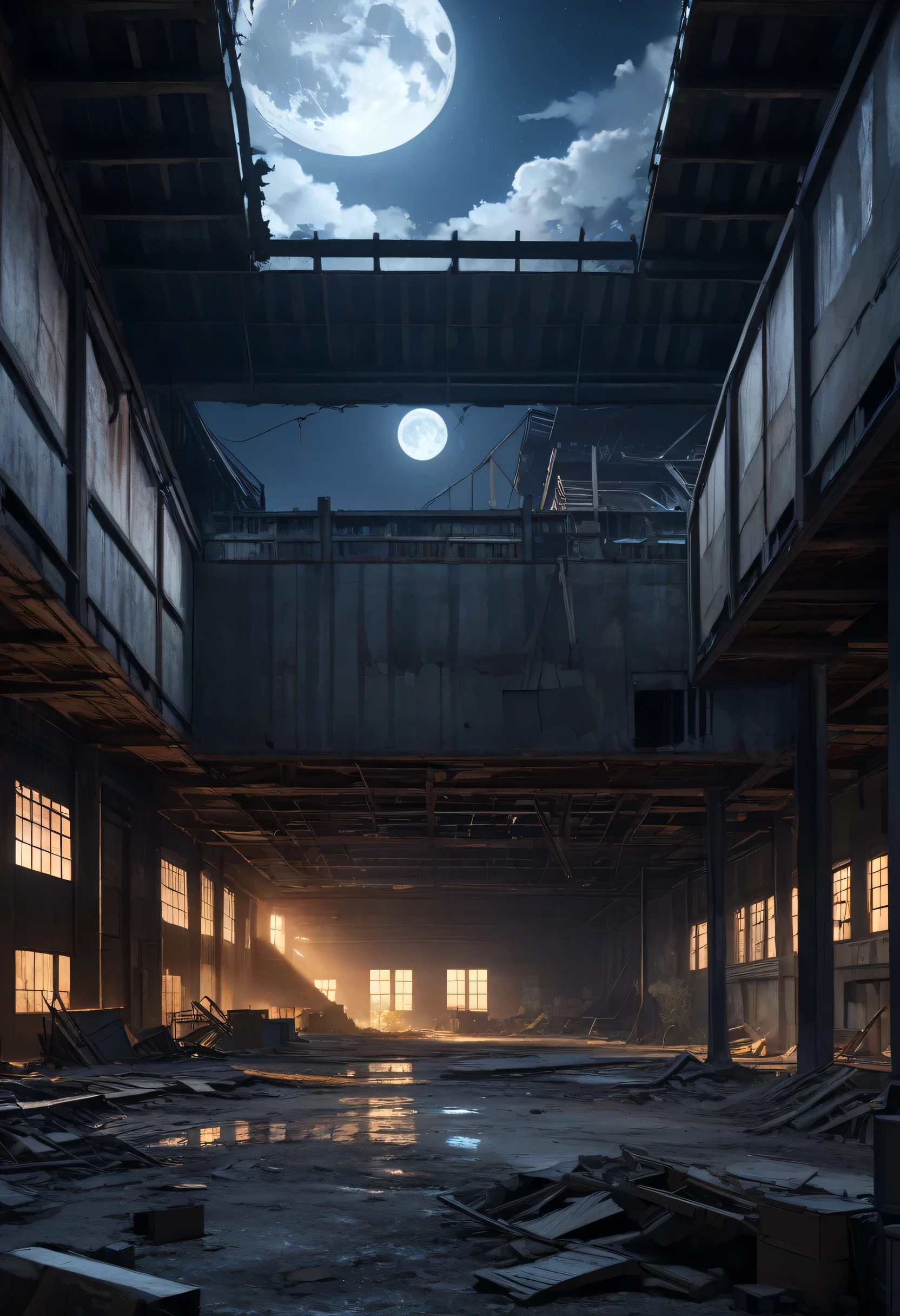 (masterpiece, best quality, High resolution, UHD, perfect pixels, Profundidad de campo, 4k, RTX, hdr)), The view of the interior of an abandoned warehouse, is at night and it is completely dark, almost no light, there are almost no windows there are only a few small broken windows on the top of the high walls, Theatrical panorama, the moonlight is reflected a little at night