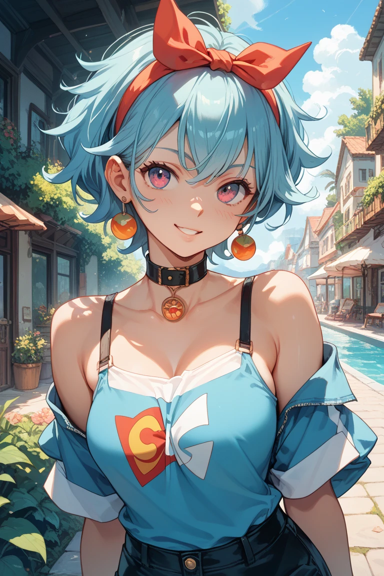 ((Top quality、8K、masterpiece:1.3))、Cute girl，Blue Hair，Red nose，Smiling arc mouth，Wearing a bell necklace，Light blue hair，short hair，There is a pocket in the middle of the clothes