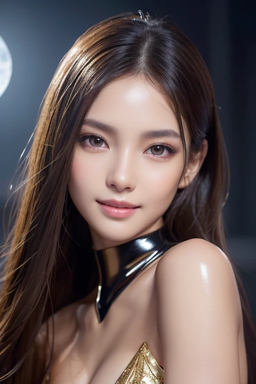 Latex bodysuit、Knee-high boots、Huge 、Long brown hair、Shiny, Oily skin、Glowing Skin、Indoor competition pool、White skin、 Body Portrait, 8k, Narrow and beautiful eyes, Dindal effect, masterpiece, 最high quality, high quality, High resolution, Very detailed photos, (Natural skin texture, Fine skin, Hyperrealism, Ultra Sharpness) , Skin with attention to detail, (Very fine, Fine skin texture, Intricate details, Beautiful Face, (A vivid face), Realistic eyes, Beautiful and detailed, Realistic Skin, Beautiful Skin, surreal, Very detailed, Golden Ratio, Smiling Eyes, ((Night moonlight background)), Body Portrait, glamorous, Shiny Bodysuit