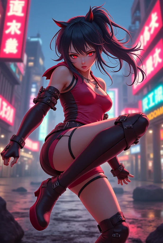 wearing a potionbelt, modern mini neon skirt, (perfect lighting, shadows), (8k high definition), insanely detailed, intricate,realistic, colorful smoke, cyber implant, steampunk panties, from below, riding a motorcycle, bunny helmet, night, (cyber city), after rain, reflections, cry, sad, wide open eyes, mouth open, fangs, frown, outside, futuristic city, (back alley), (night), wet leather_pants, 1girl, solo, 1girl, ruby rose, long sleeves, red cape, pantyhose, masterpiece, best quality, grey eyes, kneeling, bleeding, injured, blood, holding arm, one eye open, pain, torn clothes, dungeon, cave, monsters, (neon signs), (akihabara), green eyes, makeup, sharp eyebrows, beautiful face, petite