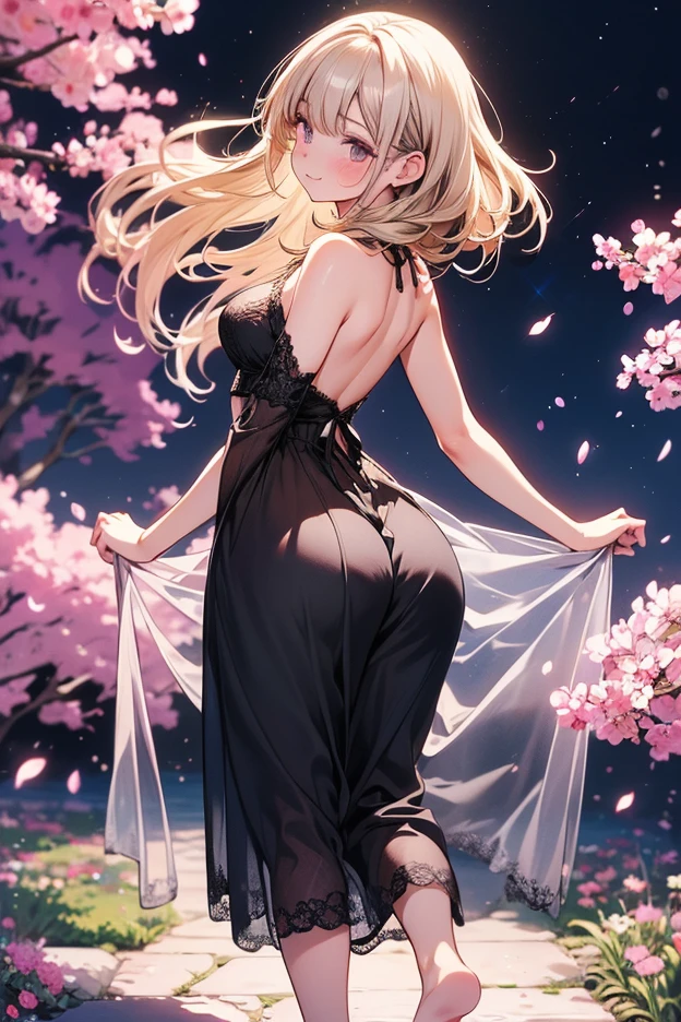 (absurdres, highres, ultra detailed), 1girl, mature female, wavy blonde hair, long hair, blunt bangs, green eyes, pink dress, finely detailed eyes and detailed face, extremely detailed CG unity 8k wallpaper, intricate details, BREAK , kaleidoscopic imagery, symmetrical patterns, vibrant colors, geometric shapes, mesmerizing designs, optical illusions, dynamic composition BREAK , pantomime art, expressive body language, silent storytelling, evocative gestures, visual narratives, theatrical performances BREAK , blooming flowers, colorful petals, fragrant scents, nature's bounty, vibrant gardens, peaceful scenery,Huge breasts (sagging breasts), huge butt,All she wears is lingerie (white lingerie)