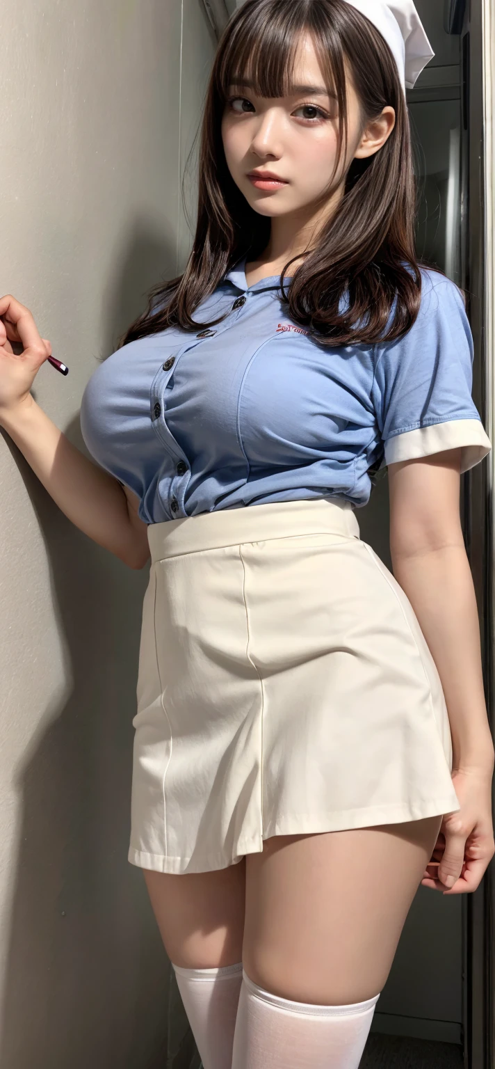 muste piece, best quality, illustration, Super detailed, fine details, High resolution, 8K,wall paper, perfect dynamic composition,(Details High quality, realistic depiction of eyes:1.3), Hospital Rooms、White nurse cap、White tights、White nurse uniform、to stand、Hand skirt、Flipping up a white skirt, large breasts,short bob hair, black hair color, Big Natural Color Lip, bold sexy pose, crying a little、cold gaze, Harajuku style、20 year old girl、cute type、lolita、beautiful legs, hposing Gravure Idol