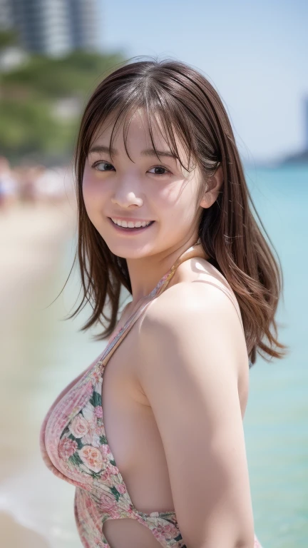 (AKB 48)), ((lens flare)), ((constricted waist)), (Mekosuji visible)))), ((palm tree in background)),((smiling)),(NIKON Z)),(14 years old),((B cup bust)))), ((Colorful lace bikini swimsuit))))), (Slightly rough skin)))), (Pore feeling))))), (skin feeling))), (( (Photorealism: 6, Realistic))), (((Earrings)), Perfect chest shape, bare buttocks, side ponytail, pale skin, looking at the viewer, small waist, beach, coastline, wind, wave, 8K UHD, DSLR, soft lighting, high quality, highest quality, ultra high resolution, (photorealistic: 1.4), white, facing front