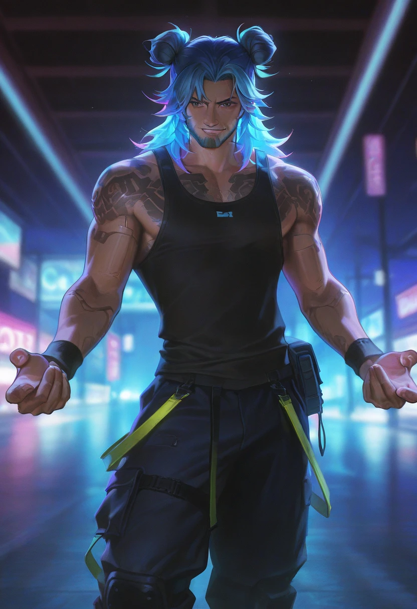 A futuristic and charismatic character, hyperrealistic style, approximately 43 years old. Wears clothes with LED lights. His hair is neon colored and he has a digital tattoo of the character Vegeta from Dragon Ball on his arm.. He is surrounded by cryptocurrency holograms, NFT game icons and the Telegram logo. Background with a futuristic city full of lights and digital screens. The character is standing facing forward completely towards the camera as if explaining something., with a confident and friendly expression.
