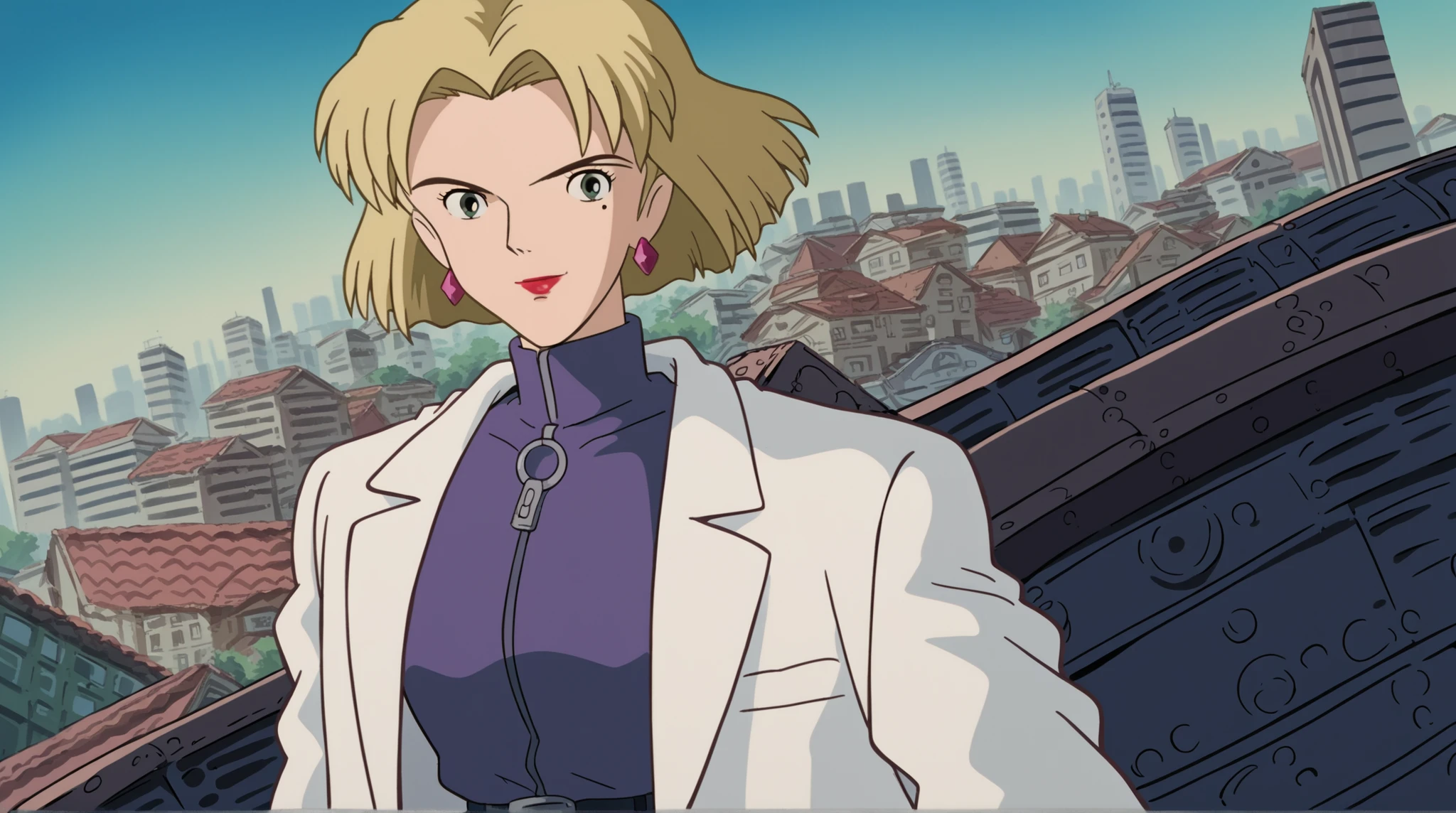Ghibli_style, score_9, score_8_up, score_7_up, source_anime,
ritsukoakagi, ritsuko akagi, short hair, blonde hair, mole, mole under eye, parted bangs, green eyes,
lipstick, skirt, jewelry, pantyhose, earrings, belt, pencil skirt, labcoat, shirt, purple shirt, turtleneck, zipper,
cityscape, smile,
cowboy shot, looking at viewer, solo, dutch angle,