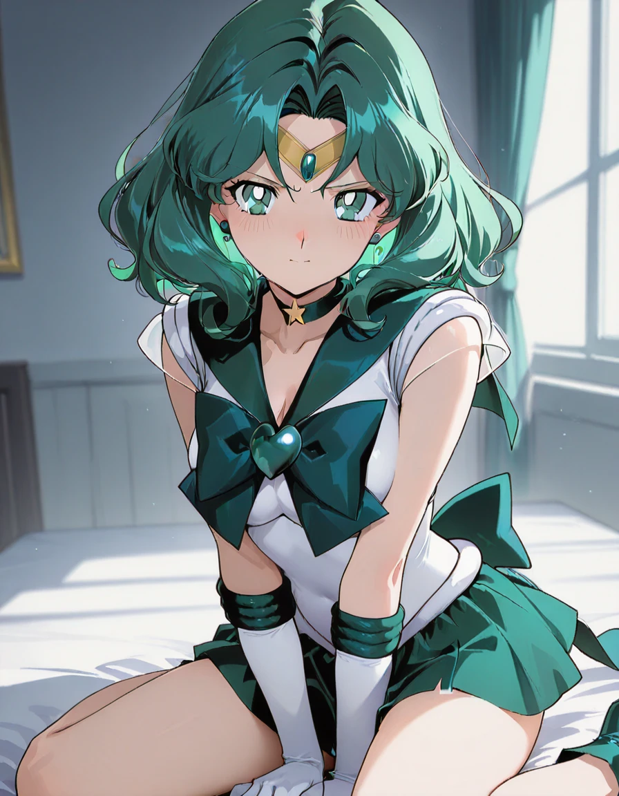masutepiece, Best Quality, 1girl in, (Sailor Neptune),Green head hair, (Green eye:1.2),((leotard))、((long boots))、((pantyhose))、((Bedroom))、length hair、poneyTail、((embarassed expression))、((Poses that emphasize breasts))、((a miniskirt))、