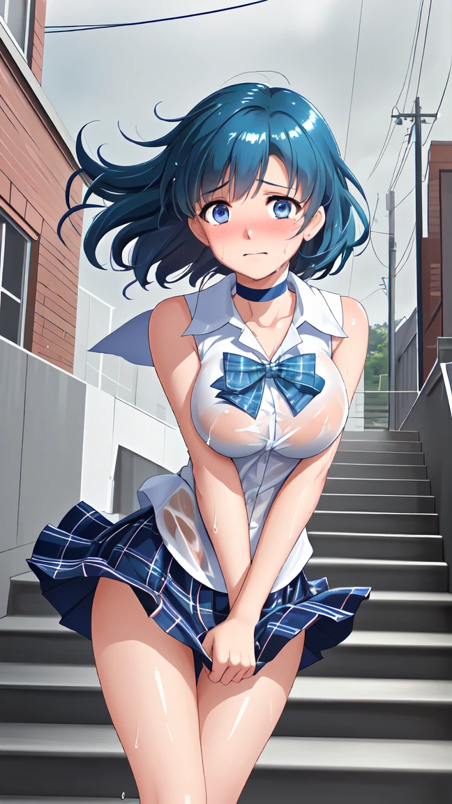 (masterpiece, best quality), front shot, 1girl, kawaii, (micro waist, super big breasts, very long legs:1.5), Very elongated thin body, short height, scrawny, tiny cute thin face, detailed face, cute smile, mini skirt, Tight serafuku, shows under boob, white sneakers, pigeon-toed, wet sweaty, visible ribs, ((Black medium hair)), Cowgirl play