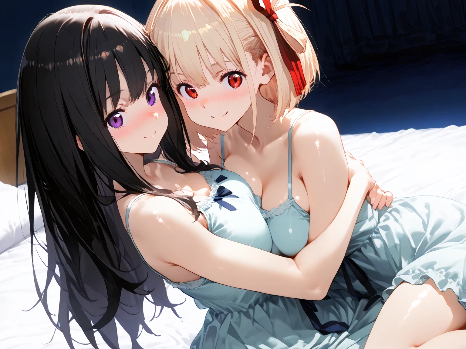 there are two anime girl on a bed and a third one on the floor, illyasviel von einzbern, multiple girls, 2girls, underwear, black hair, panties, long hair, striped, miyu edelfelt, shirt, bra, red eyes, on side, hair ornament, lying, white shirt, open shirt, polka dot, blonde hair