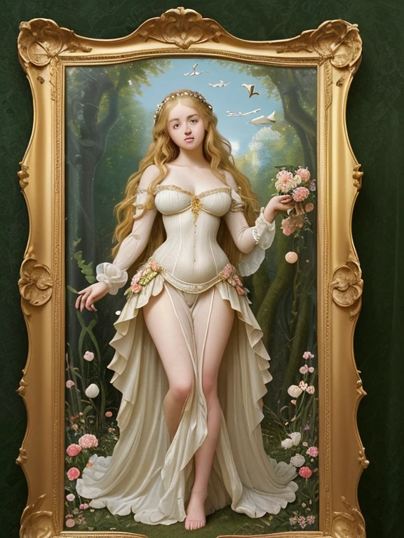 Create an artwork featuring a nude blonde woman embodying the essence of a goddess of abundance and fertility. She is seated gracefully with her knees drawn up, cradling a basket overflowing with various fruits such as grapes, figs, and pomegranates. Her hair is adorned with a crown of flowers and leaves, her body radiates light,