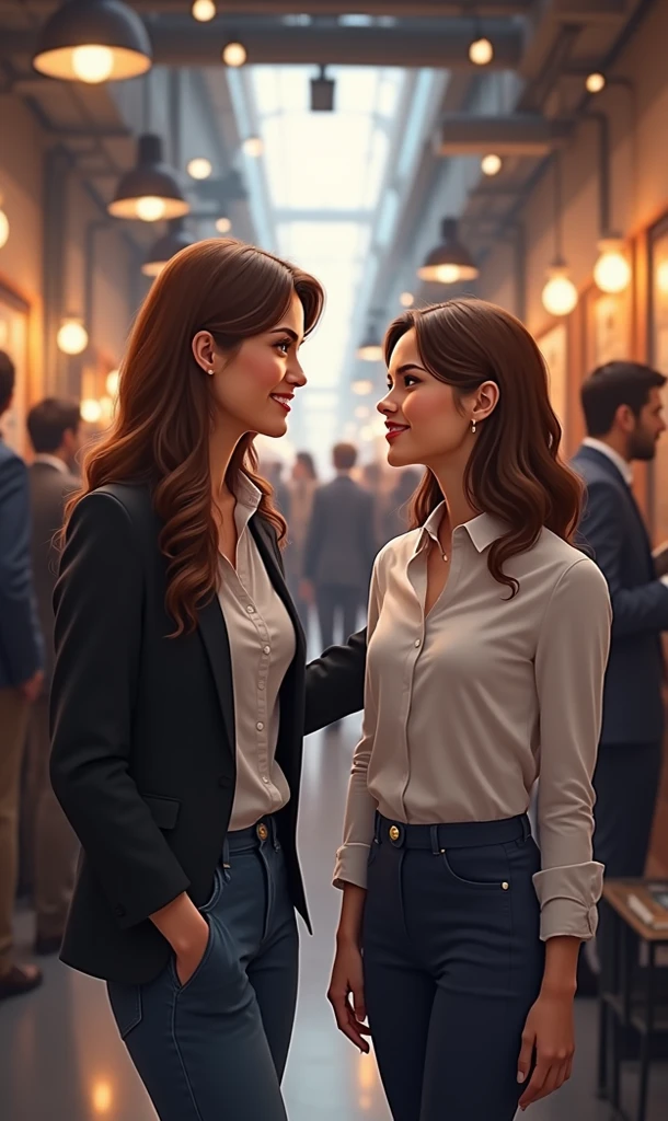 cinematic film still of  <lora:Paula Pietra Tufos v1:0.8>
Hot Mom Paula in white shirt and jeans vs Aunt Pietra eyeglasses in trench coat jacket a picture of two different women in a room, muscular female, smiling at camera, realistic style, realism:-1, shallow depth of field, vignette, highly detailed, high budget, bokeh, cinemascope, moody, epic, gorgeous, film grain, grainy