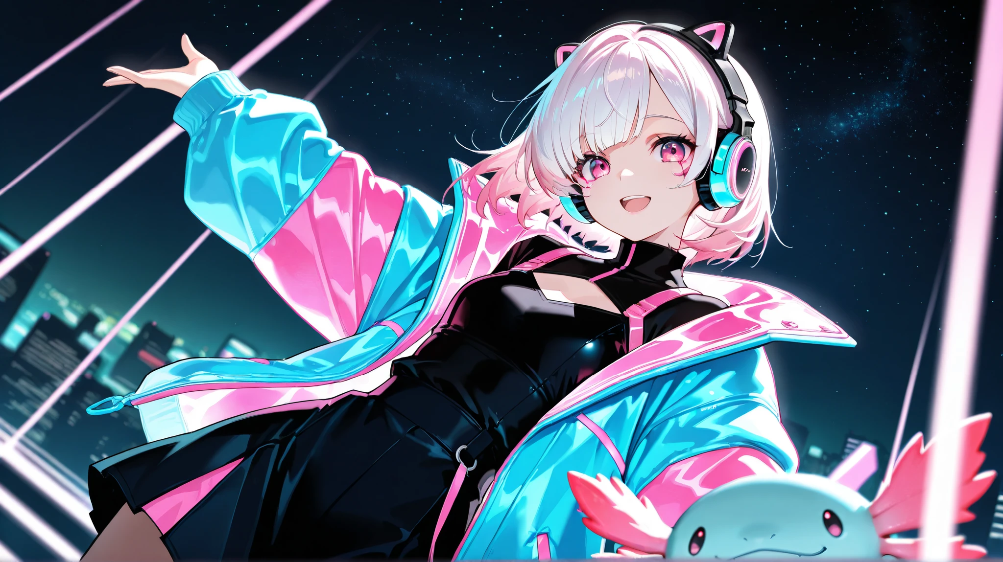 masterpiece, best quality, detailed face, detailed eyes, 1 girl, solo, beautiful, modest chest, slender body, mature, light makeup, adorable, cheerful, bright smile, open mouth, short hair, pink hair outer, white hair inner, long side bangs, short tidy bang, vibrant pink eyes, axolotl headphones, big jacket outer, neon jacket, black neon turtleneck inner, black skirt, cyberpunk background, axolotl, stars, night, depth of field, bloom, soft lighting, dynamic angle, looking at viewer