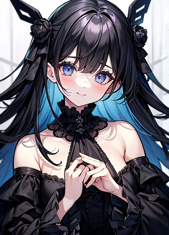 (masterpiece:1.4、top-quality、illustration:1.4,realistic、)、(character focus、breast focus,upper body:1.3)、(1girl),(Open mouth happy smile:1.3),(cute),cute face,blue eyes、(cute)、
,(stand:1.4),(black long hair),
,(slender),lace dress:1.3),
(),(), (small breasts:1.3)、
、slender、