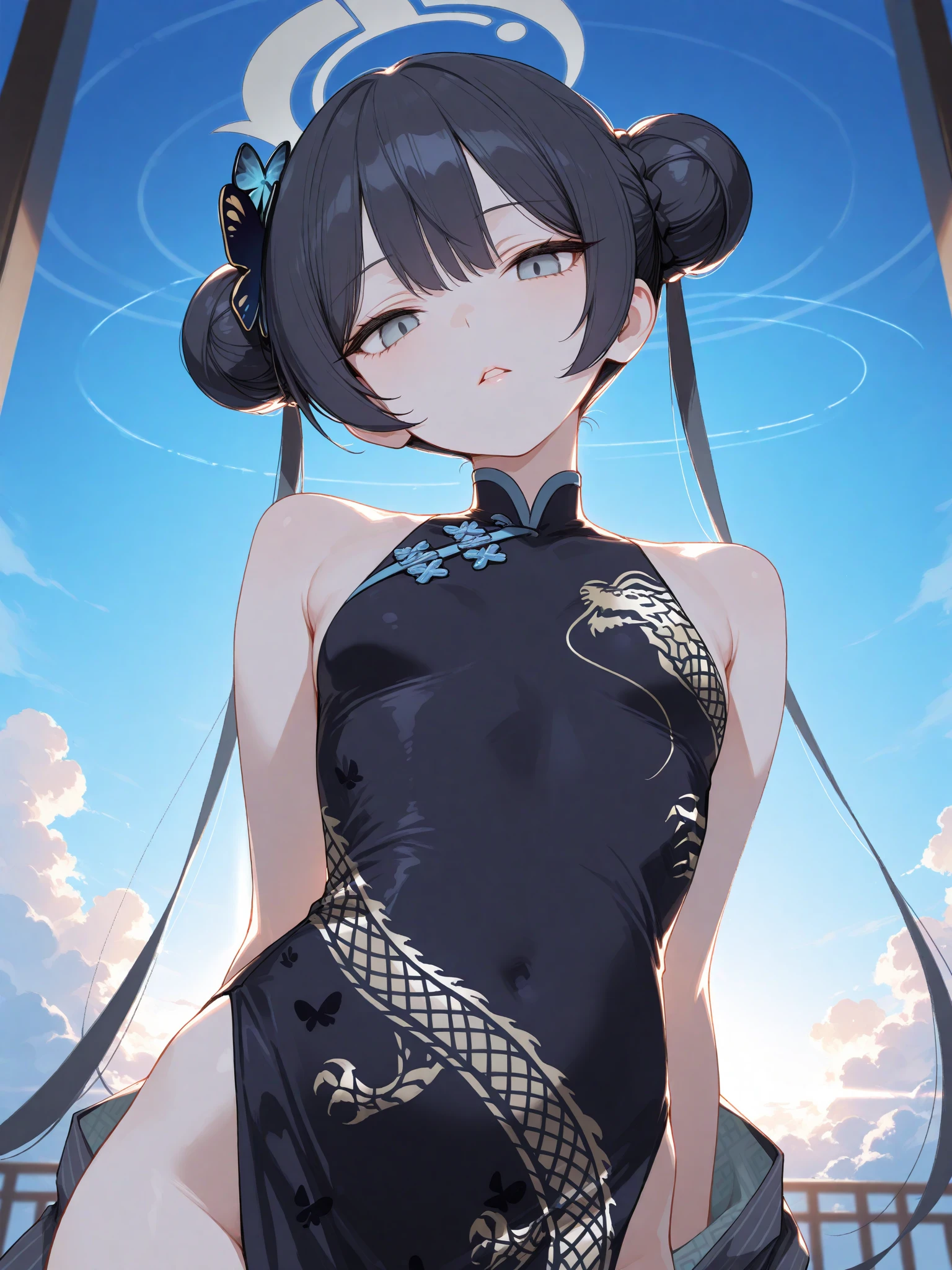 ((highest quality)), ((masterpiece)), (Very detailed), (Very high resolution), 4k, Anime 2D Rendering, Realistic,
One Girl:1.5,
BREAK Symmetrical Face:1.4, Perfect Face, Beautiful clavicle, Beautiful fingers, Beautiful breasts, (Slightly smaller chest),
Beautiful body, Beautiful thighs, Beautiful feet, Perfect round butt, (Detailed skin), Tanned dark skin:1.5, Shiny skin:1.4,
BREAK Baby Face, cute, 18-year-old,
Double eyelids, Natural eyebrows,
(Slanted Eyes), Beautiful and delicate eyes, Sparkling eyes, (Dark blue eyes),
plump mouth, Glossy mouth,
BREAK Beautiful Hair, Shiny Hair, Hair fluttering, bangs, (Black Hair), Double bun on both sides:1.5,
BREAK
((Red Chinese Dress:1.4, Tight Dress、Pencil Skirt)、(Black knee-high stockings)、(Black high heels)), Earrings、Gold Necklace、
BREAK
(Smiling and winking), (Character Focus, breast focus), Cowboy Shot, sunlight, blue sky