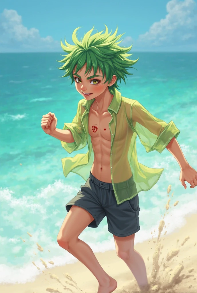 top quality, best quality, High-quality illustrations, masterpiece, detailed background, 12-Year-Old-Boy, youg boy, shota, Green cat boy, Sleeveless hoodie, Body, (Showing armpit:1.4), Slim body, Slim stomach, Beach, cute, handsome, Happy, joyful, Sweat, Blush, (highly detailed beautiful face and eyes)perfect anatomy(kemono, furry anthro)