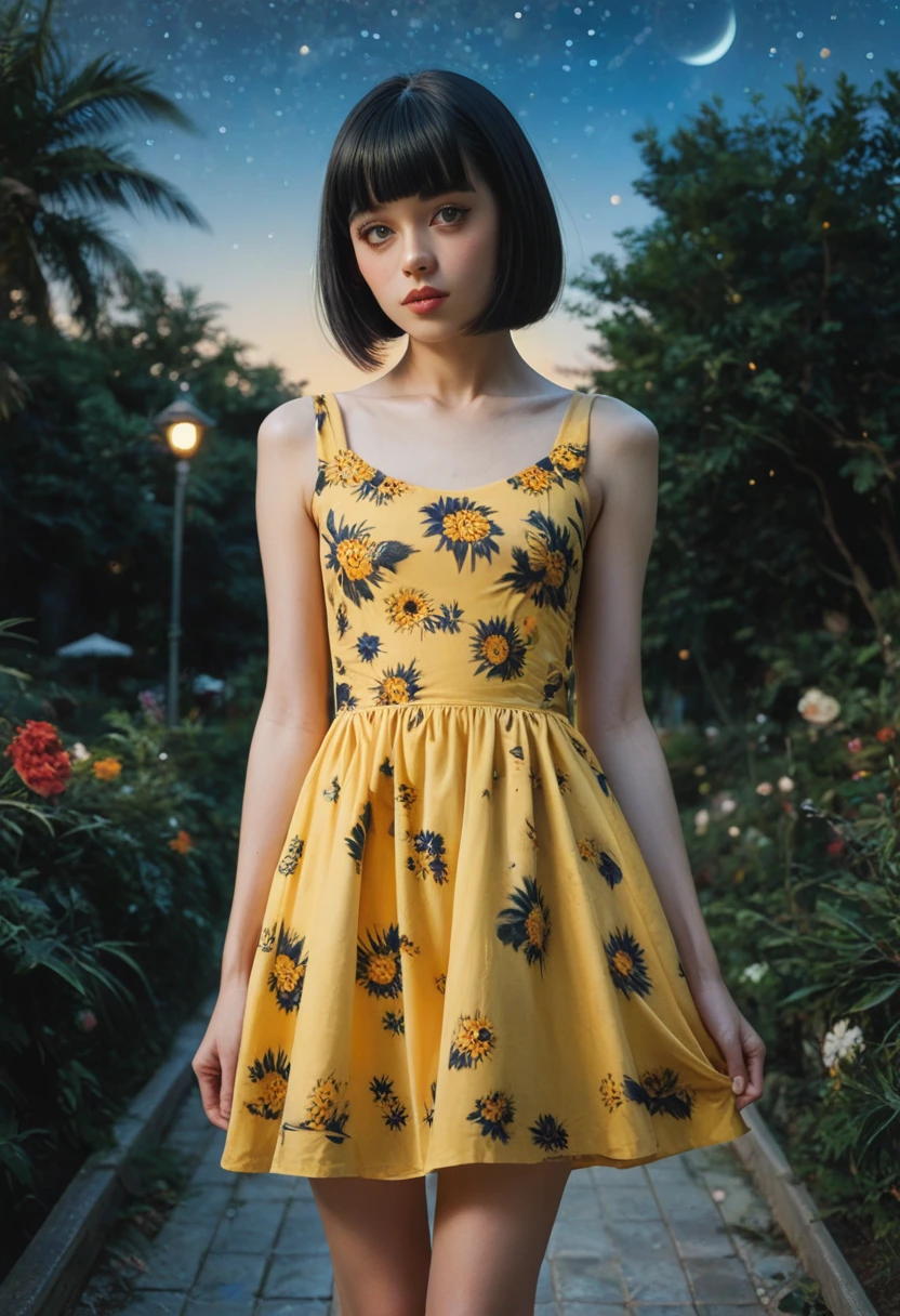 Anime style anime girl illustration blurred background smiling against camera without teeth,is wearing dress,himawari
