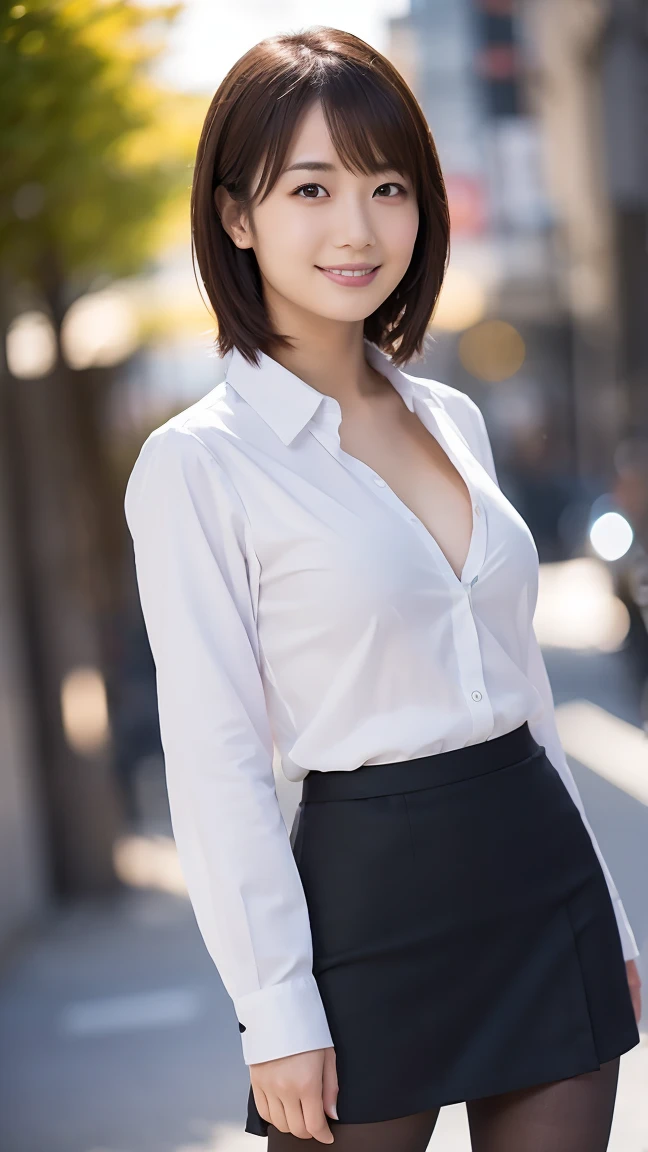 Beautiful Girl, (Pleated skirt lifting), ((Show panties)), looking in camera, Angle from below, Shy smile, a blond, ((of the highest quality, 16 K, masutepiece: 1.3)), Light on Face, hyperdetailed face, very detailed lips, Detailed eyes、Colossal tits、爆乳、Wearing a suit、Formalco Steume、At work、s Office、working in an office、A dark-haired、short-hair、Short black hair