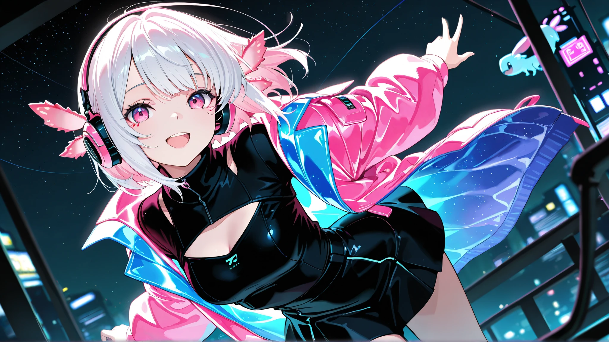 masterpiece, best quality, detailed face, detailed eyes, 1 girl, solo, beautiful, modest chest, slender body, mature, light makeup, adorable, cheerful, bright smile, open mouth, short hair, pink hair outer, white hair inner, long side bangs, short tidy bang, vibrant pink eyes, axolotl headphones, big jacket outer, neon jacket, black neon turtleneck inner, black skirt, cyberpunk background, axolotl, stars, night, depth of field, bloom, soft lighting, dynamic angle, looking at viewer