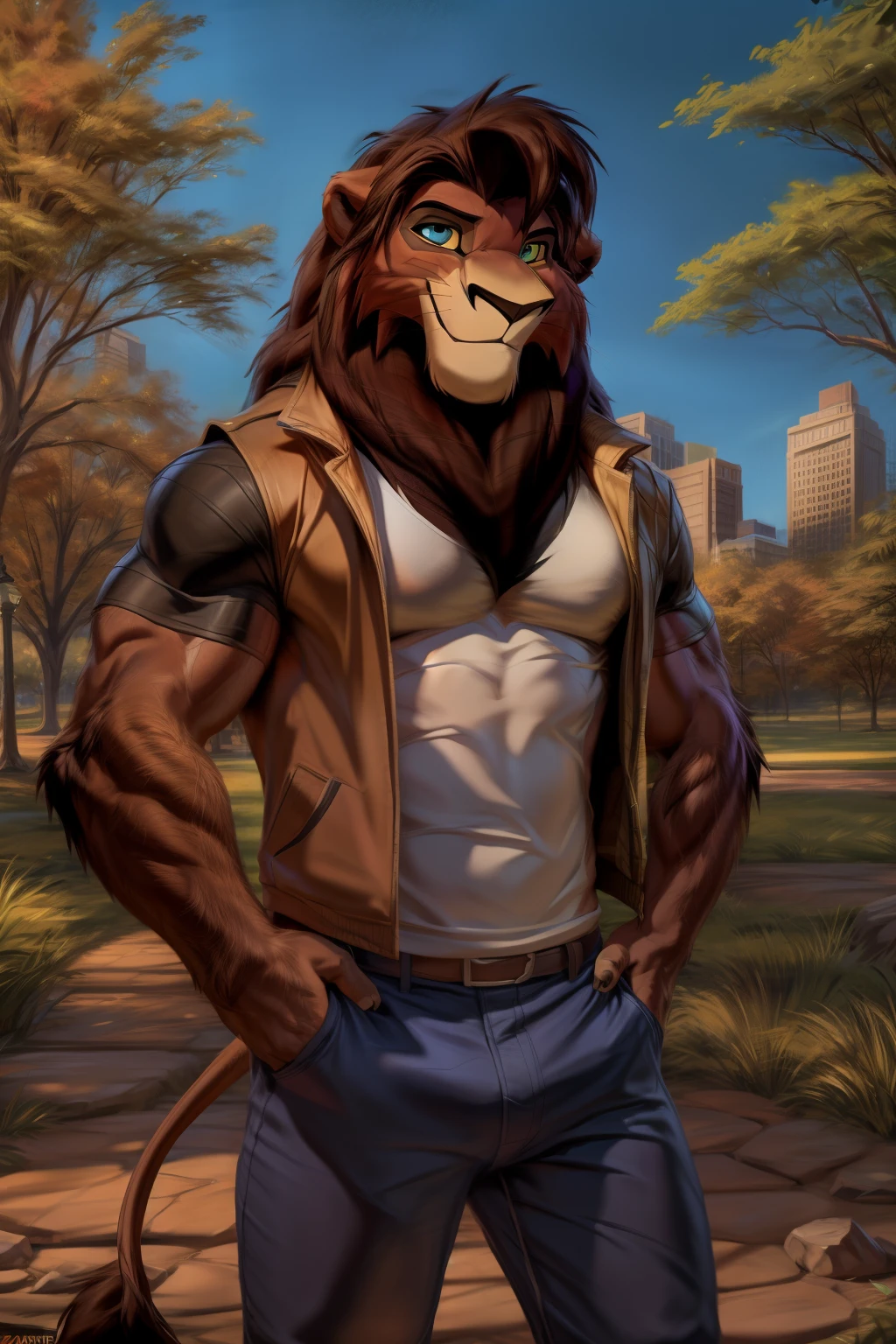 ((By Chunie)), ((By Zaush)) ((By Darkgem)), ((By Anhes)), Handsome, cute, sexy, hot male anthro furry ((Lion)), ((Kovu from The Lion King)), male, canine, male Lion at a park, muscles, medium build, park, public park, wearing clothes, clothing, Lion tail, Lion fur, smiling, smiling at viewers, looking at viewers, detailed, detailed fur, detailed eyes, detailed shading, detailed lighting, detailed background, detailed features, perfect, perfect fur, perfect eyes, perfect shading, perfect lighting, perfect background, perfect features, clothing, t-shirt, jacket, pants, park, blue sky, morning, grass, city, city park, nice hair, hair tuft,