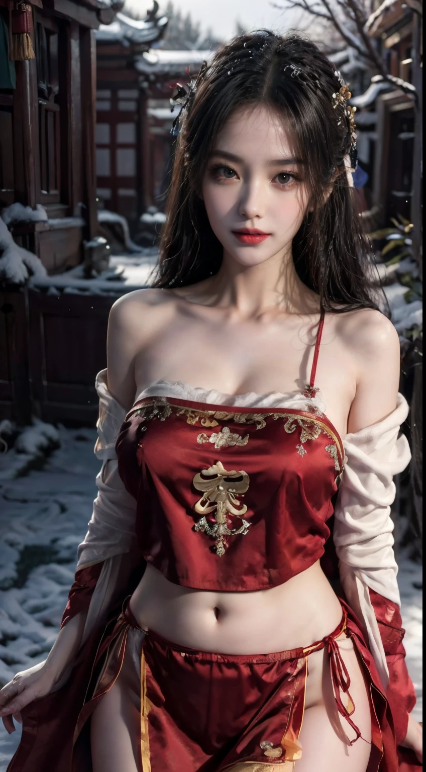(Masterpiece), (absurderes), (The lens focuses on the thigh), Shiny skin, Girl, Solo, pupils sparkling, long eyelasher, Closed mouth, Long hair, Striped hair, Wavy hair, (Chinese belly pocket:1.27),(Red plush cloak:1.2),view the viewer, (Cover with snow,the night,Bright old temple:1.3), Cinematic lighting,(Ultra-realistic textile textures),,an award winning photograph, Extremely detailed, Amazing, finedetail, (Extremely detailed eyes:1.125) and face, hyper realistic lifelike texture ,unreal-engine ,ArtStation Cinestill 800 tungsten lamp trend, Beautiful woman, Ulzzang-6500, (seductive grin smile), medium breast, spread legs, show nipples, show vagina、