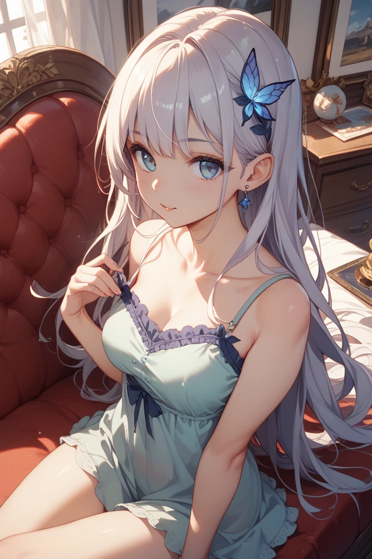 Glowing blue butterfly，Blue sexy nightdress，1girll，blue color eyes，long  white hair，indoor room，Lie down in bed， Blush, Smile, cheerfulness, Masterpiece, Best quality, There is a gemstone necklace around the neck，A high resolution,Detail enhancement，best qualtiy，Perfect image quality，Elegant and lightweight miniskirt，Beautiful and gentle，pantiess，leg wide open，seductiv，Lace，lacepantyhose，Rich，brightly，splendid