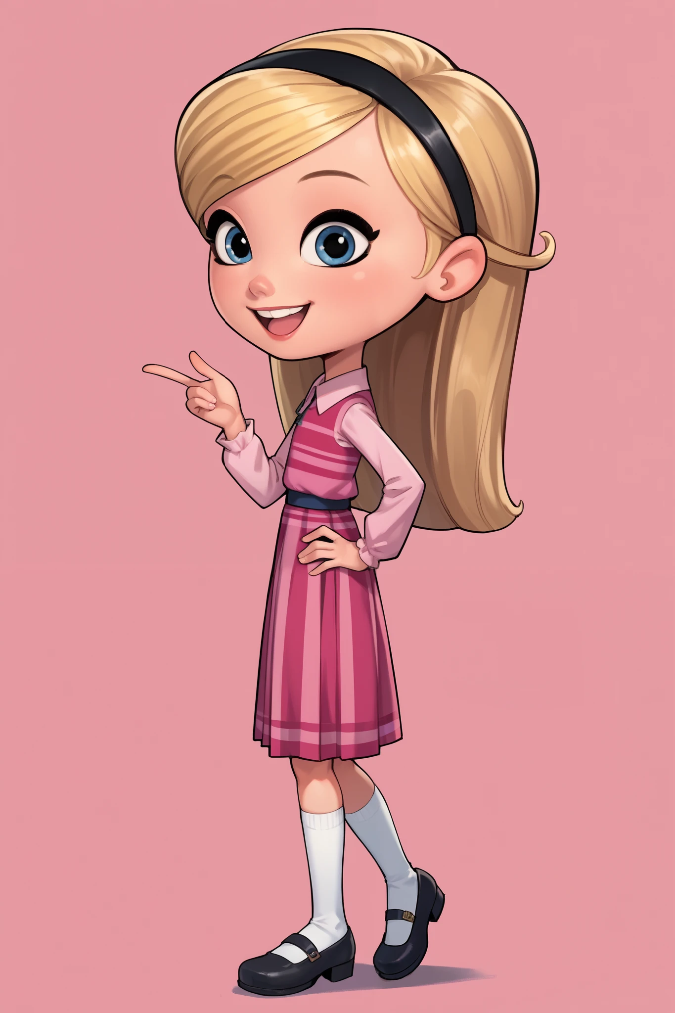 score_9, score_8_up, score_7_up, source_anime, 8-year old, 1girl , , ,solo , full body, , penny peterson , long hair , blue eyes , 2d , blonde hair , skirt , pleated skirt , hairband , black hairband , white high socks , dress , pink dress ,sleeves, ,Black Mary Janes , ,cute smile , joyful, ,happy, ,mouth open, ,one hand on hip, ,sideview, pink background