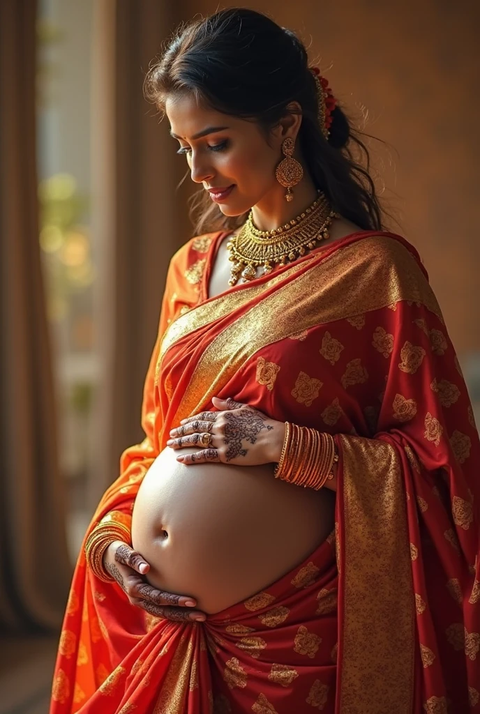 indian lady after gorging a huge meal. Her belly is fully visible