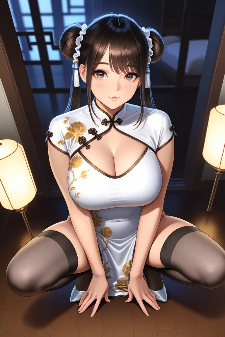 ((sfw:1.25)), (1 woman, tall, nymph, harass sexually, with elect), (solo:1.4), high res, masterpiece, best quality, ultra detailed, ((correct anatomy:1.3)), (perfect anatomy:1.2), ((correct hand:1.3)), ((ideal ratio body proportions:1.2)), small head, oval face, super fine illustrations, anime style, thin outline, photo realistic, textile shading, cinematic lighting, clear focus, BREAK, mature woman, 28years old, (sexy Gal:1.2), (milf:1.3), slim, Long Tall Sally, glamorous, (huge breast:1.2), (sagging breasts:1.3), (big tits:1.2), (pointing breast:1.2), BREAK, medium long hair, half updo, deep chestnut hair, hair over one eye, shaggy, Carly, wavy, beautiful detailed eyes, BREAK, (dynamic angle:1.5), (close to viewer:1.2), (looking at viewers:1.2), (close up your face:1.37), (breast focus:1.3), (face focus:1.0), (from below:1.37), centered image, BREAK, (wearing thin frame glasses:0.0), earnings, bracelet, (dynamic posing:1.35), (sitting in chinese Bar:1.2), ((wearing long chinese dress:1.5, white, flower printed, delicate pattern)), (with exposing breast cleavage:1.2), (POV:1.2), BREAK, (presenting:1.2), (seductive smile:0.8), (ecstatic look:1.2), (sigh:1.0), (with opening mouth, shaped O, little), indoor, blurry background, bokeh, depth of field, in the night,