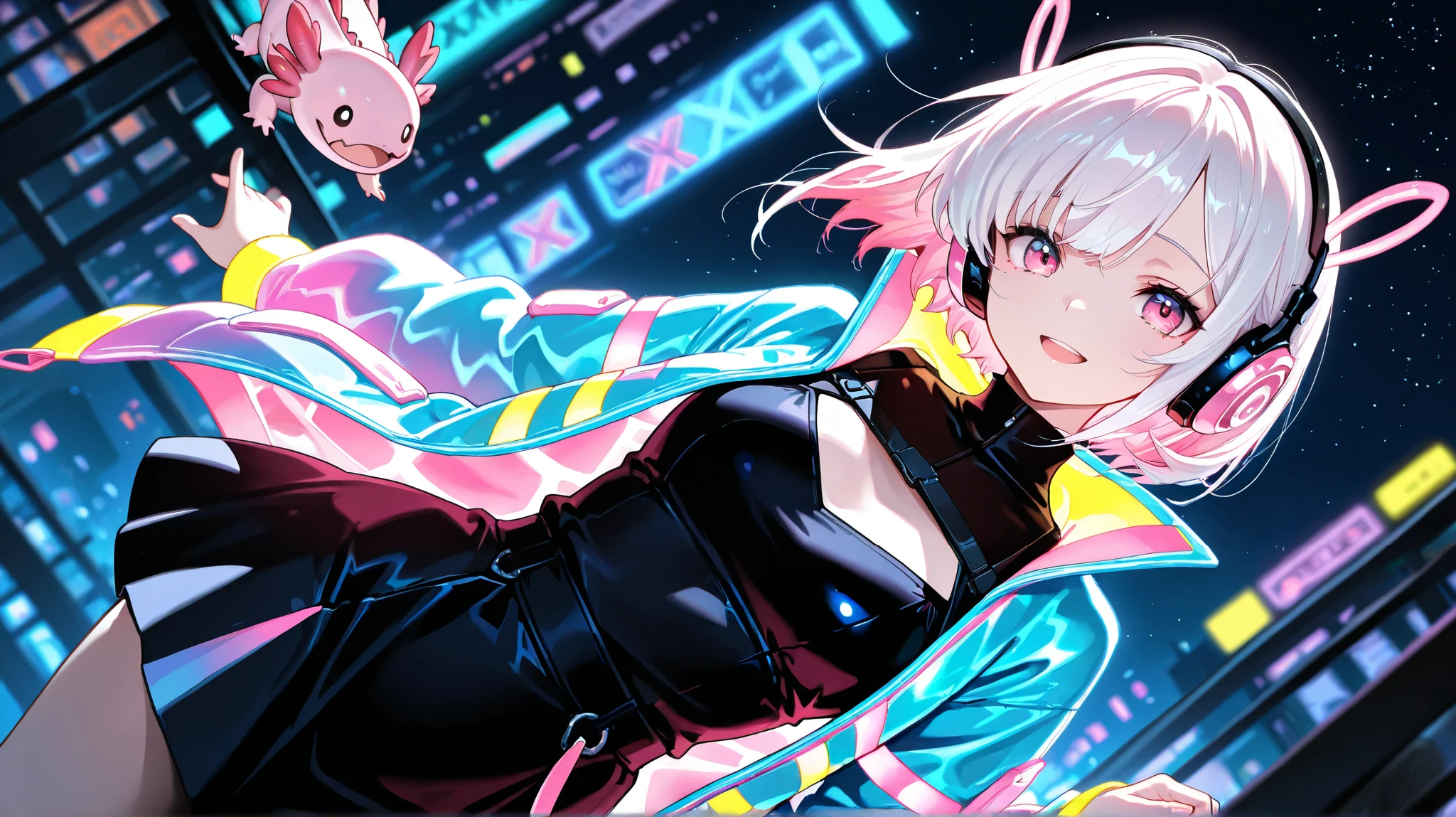 masterpiece, best quality, detailed face, detailed eyes, 1 girl, solo, beautiful, modest chest, slender body, mature, light makeup, adorable, cheerful, bright smile, open mouth, short hair, pink hair outer, white hair inner, long side bangs, short tidy bang, vibrant pink eyes, axolotl headphones, big jacket outer, neon jacket, black neon turtleneck inner, black skirt, cyberpunk background, axolotl, stars, night, depth of field, bloom, soft lighting, dynamic angle, looking at viewer