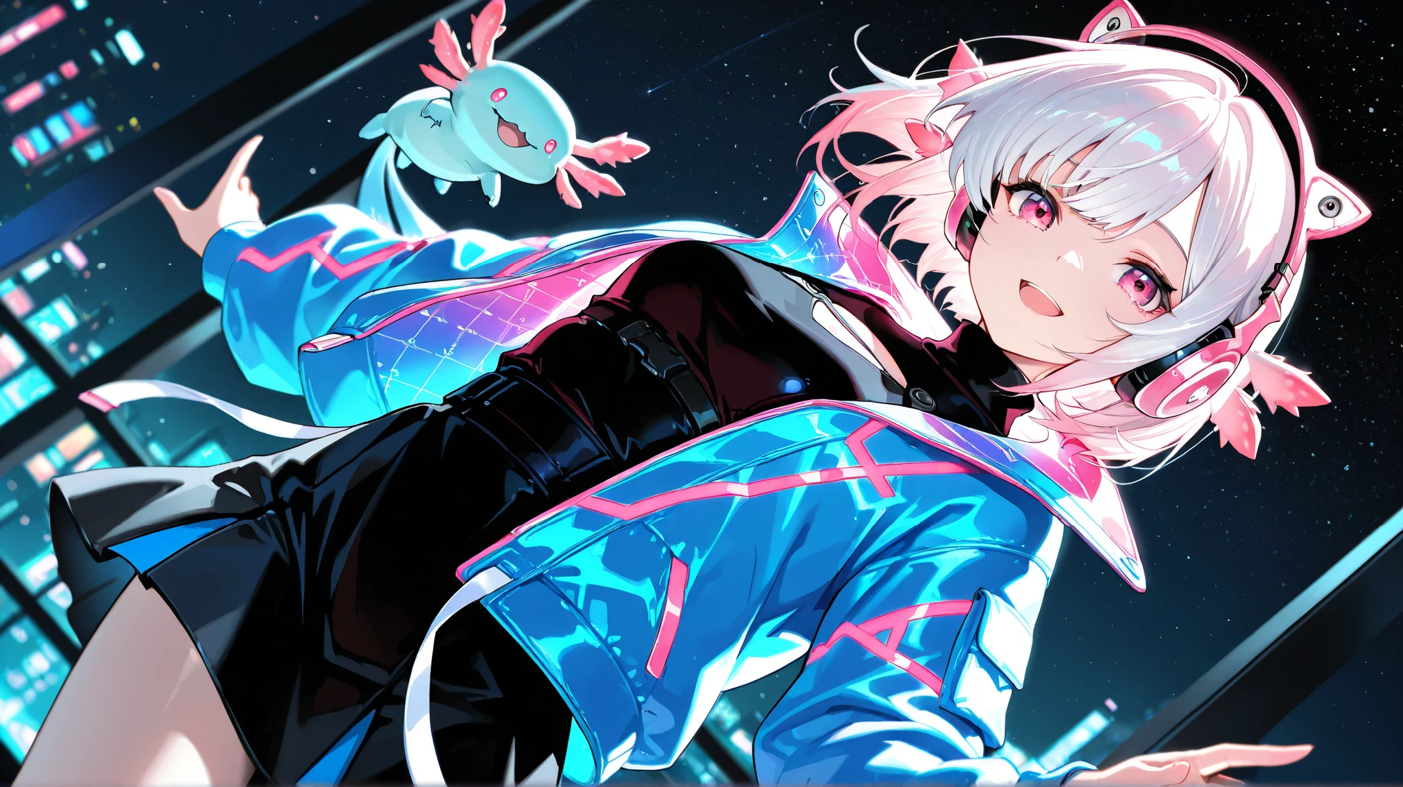 masterpiece, best quality, detailed face, detailed eyes, 1 girl, solo, beautiful, modest chest, slender body, mature, light makeup, adorable, cheerful, bright smile, open mouth, short hair, pink hair outer, white hair inner, long side bangs, short tidy bang, vibrant pink eyes, axolotl headphones, big jacket outer, neon jacket, black neon turtleneck inner, black skirt, cyberpunk background, axolotl, stars, night, depth of field, bloom, soft lighting, dynamic angle, looking at viewer