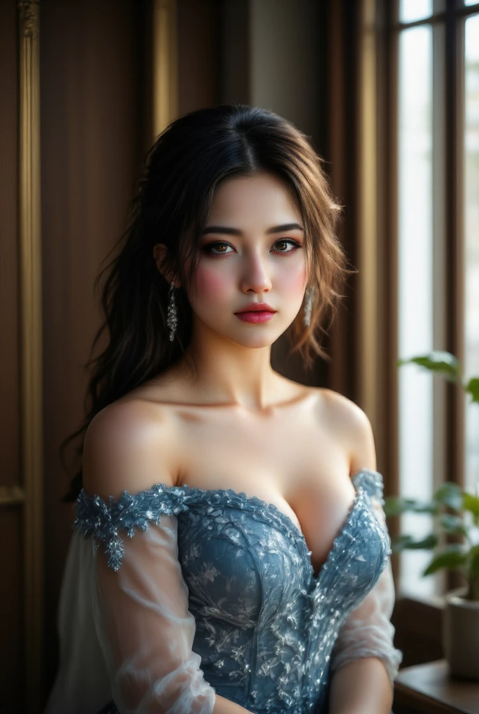 (Unbeatable masterpiece, Sideslit, Delicate and beautiful eyes: 1.2), Hyper-realistic 8k CG, Perfect artwork, The upper part of the body, shinny hair, glowing light eyes, Very wet skin, actual, underbust, gigantic cleavage breasts, perfect women figure, a matural female, A MILF, Willow waist, looking at viewer, Lace, Lace edges, tempting pose, a sexy pose, Tempting, reputation, a gorgeous, Luxury, jewelry, Pedras preciosas, kinako, Plata, diamond, glitters, sapphires, Red Jewel, Cui, pearls, amber, obsidian,