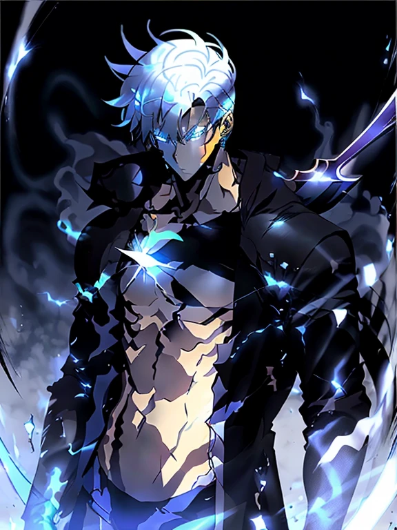 Cyberpunk male, fantasy world, dark background, clean design, epic instagram, artstation, colorful paint splatter, silhouette, hyper detailed intricate details, unreal engine, fantasy, intricate details, splash screen, complementary colors, Fantasy concept art, 8k resolution, deviantart masterpiece, oil painting, heavy strokes, paint dripping, (isolated on white background: 1.3), rainbow skin, (((handsome young man))), ((age:1.5) ), (glowing blue eyes), ((light eyes)), ((((short white hair: 1.1))), ((black clothes)), (prince\\(indifferent expression\\),, ( ((Wears high detail luxurious black robe))), white hair, frost magic, ((chest) --auto --v 6 --s2