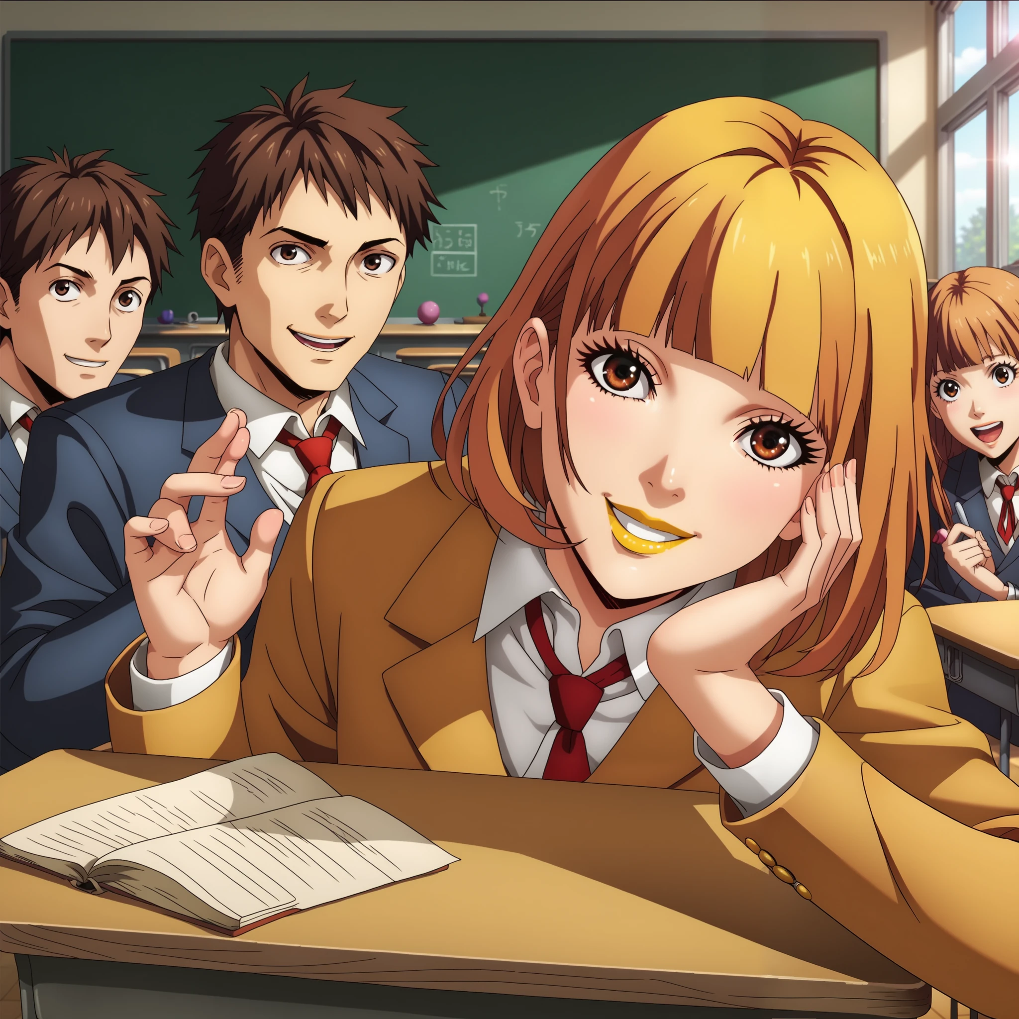 (score_9,score_8_up,score_7_up),(anime:1.2), viewer, ( Contrast Color , bright color:1.1), 1 girl, multiple boys sniffing each other,(work_Midorikawa:1.2) , Smile, Hana Midorikawa,school uniform, Blunt Bang, yellow lipstick, eyelashes, (school classroom, detailed background:1.2),sit,Licensed,Place your hands on the desk,