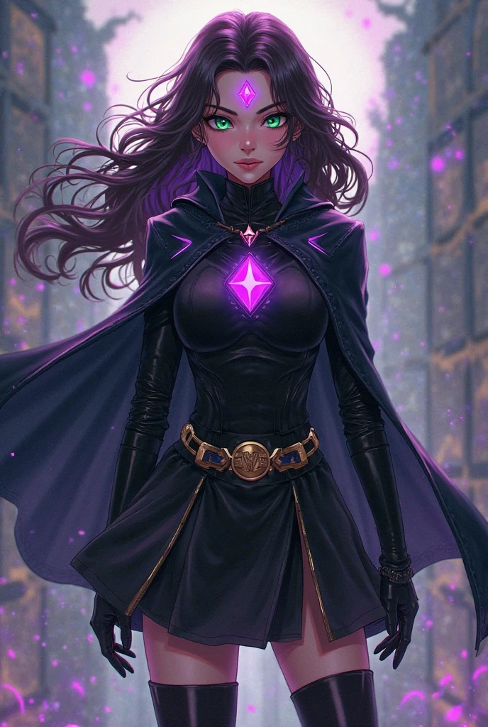 a young teenage woman with dark brown hair and purple purple eyes she has some freckles and a determined look a sweet smile on her face she is a sorceress a magician wearing powerful magic robes for a medieval RPG, the background filled with magic and magical lights contour lights and cinematic lights in a fortress in the mountains, She is conjuring magic magical power, this woman must be in a city surrounded by volcanoes a dark medieval city with black colors and magma through the streets like a city in the underworld of Hades