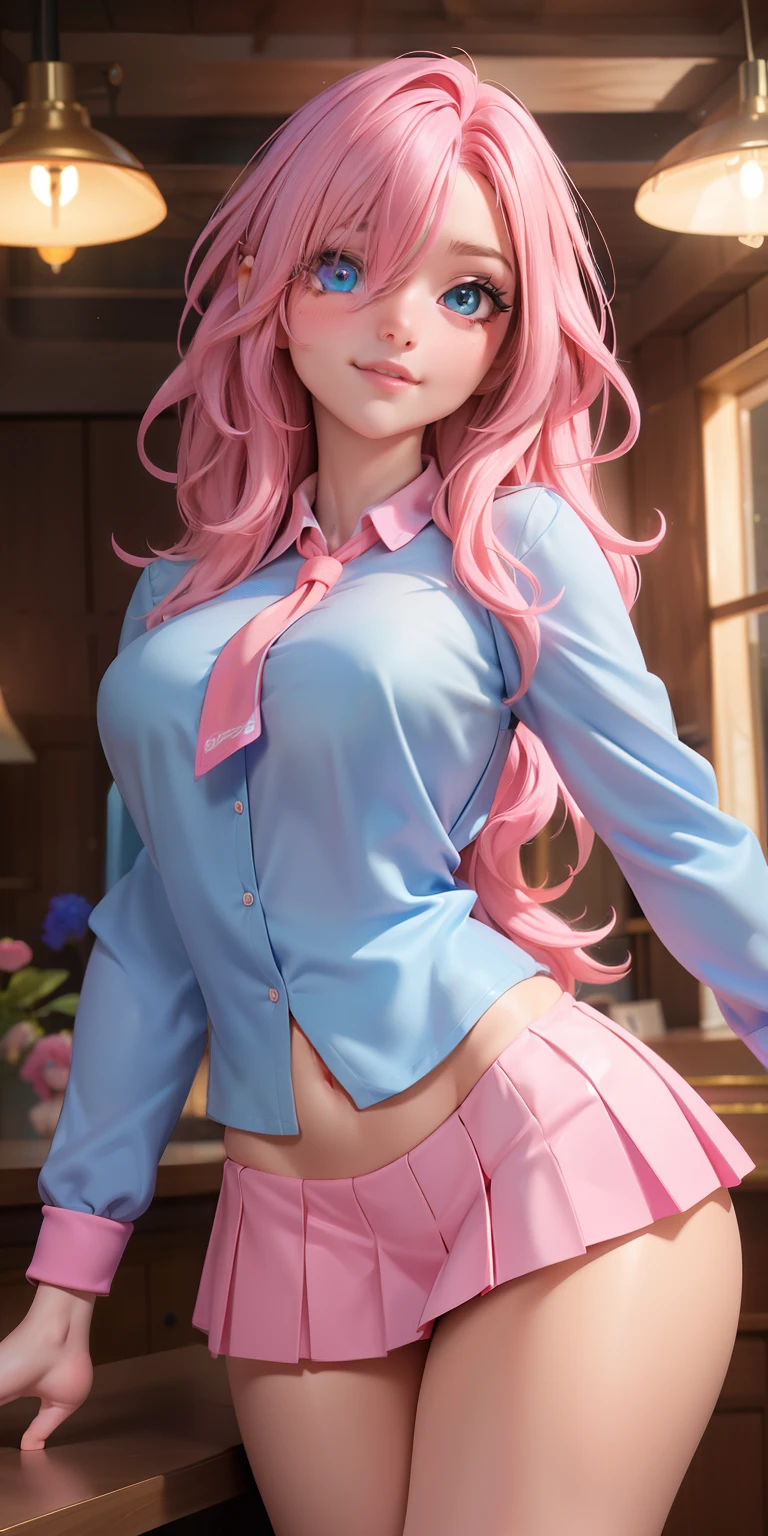 Medium round breasts, (1 Girl), ((neon light pink hair: 5.2, long and messy wavy, hair over one eye)))), blue eyes, double eyelids, light effect in the eyes, wide hips, blouse red long sleeve, tiny pleated skirt, naughty smile, ((sexy body)), solo, best quality, masterpiece, portrait, flirting with viewer, sensual pose, detailed, perfect anatomy, detailed art, high definition, 4k , high resolution, inside the country house