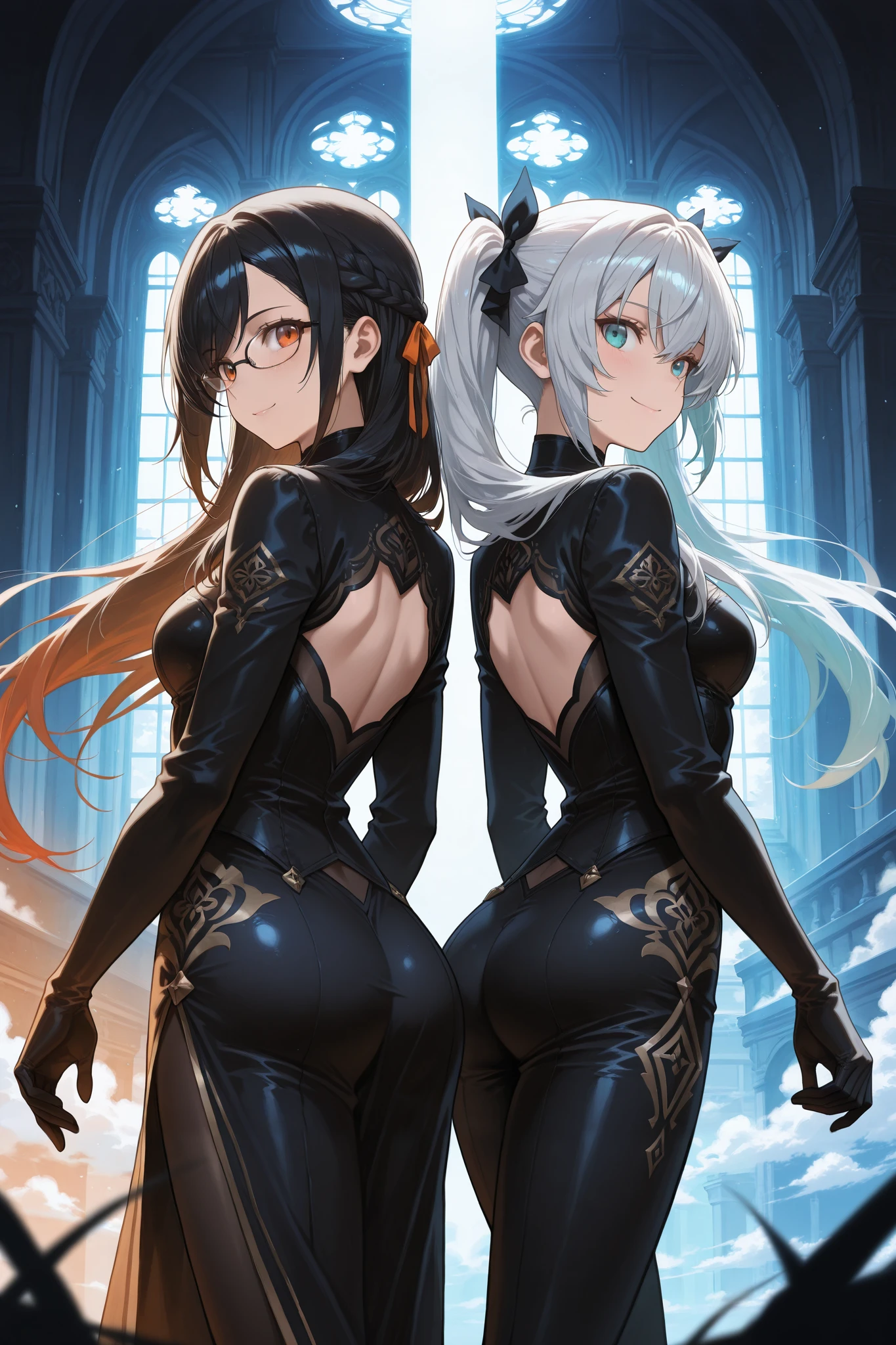 Masterpiece, Beautiful art, professional artist, 8k, sleeping expression, very detailed face, Detailed clothing, detailed fabric, 2 girls, Hiring, (genshin impact), view from behind, perfect ass, standing, perfectly drawn body, pale skin, shy expression, beautiful face, agregar cuernos de Hiring en la cabeza, Long sky blue hair, 4k eyes, very detailed eyes, pink cheeks, choker:1.6, (white long sleeve button down shirt with white collar), black gloves, gloves that cover hands, (black leather corset), (shiny black leggings), Sensual Lips, show details in the eyes, dark forest, at night, Atmosphere, fog