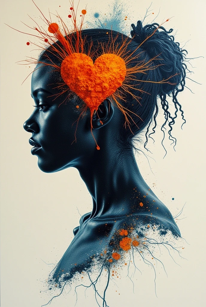 Image of a black man without a head but replaced with flowers and holding a love on his hand