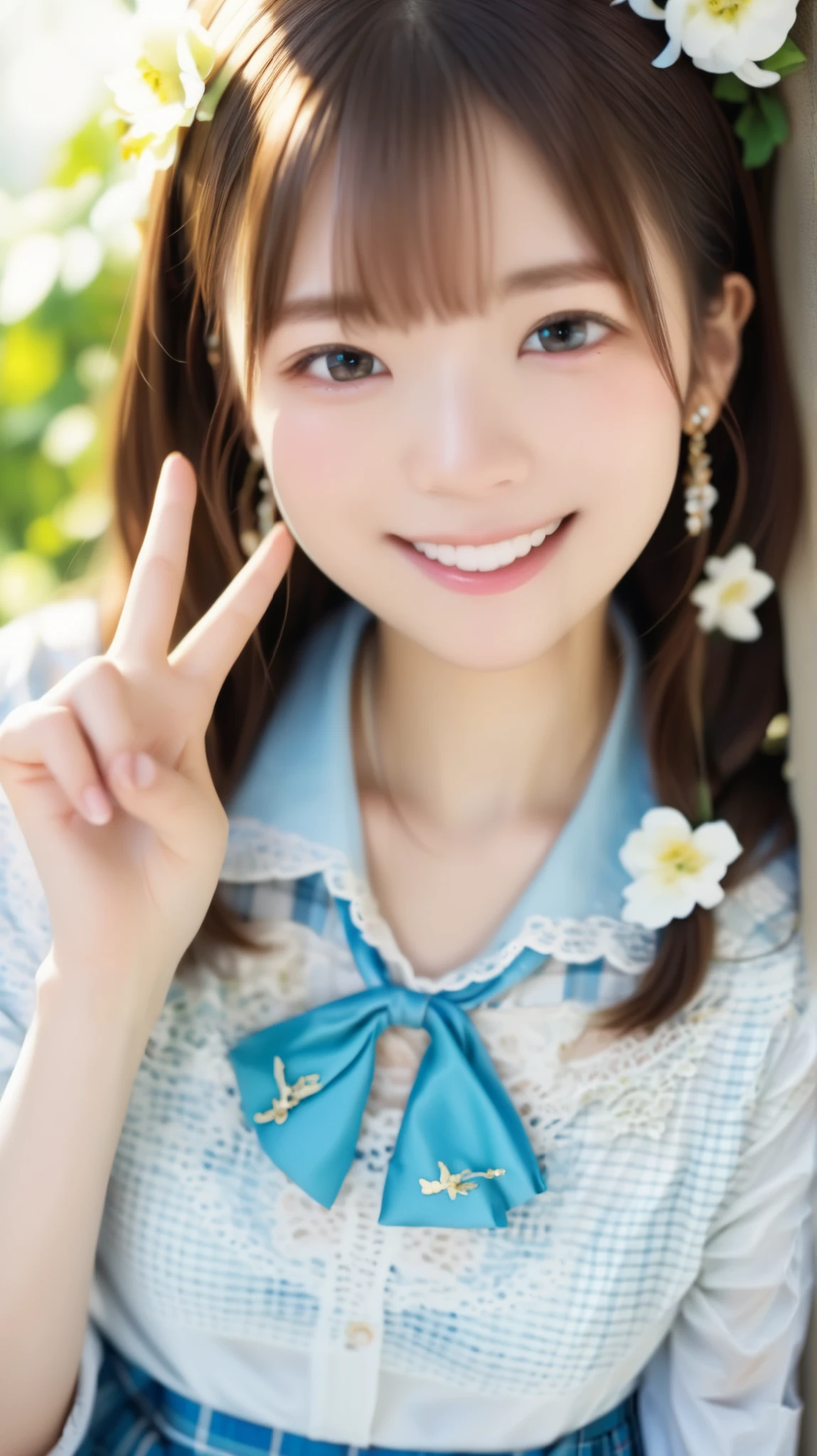 photorealism,1 girl, The tips of brown hair turn pink , cheerful pose 、(((smiles:0..5))), Hands making a V sign near the eyes, I put on a white shirt and rolled up my sleeves, blue plaid skirt, Loose blue tie, earrings, gentle flushing tide, bright and energetic expression , green chroma key background, Vibrant youth々 atmosphere, close-up composition 、 beautiful lace dress with floral pattern , sharp concentration, Physically Based Rendering, Extreme Detailed Explanation, Professional,