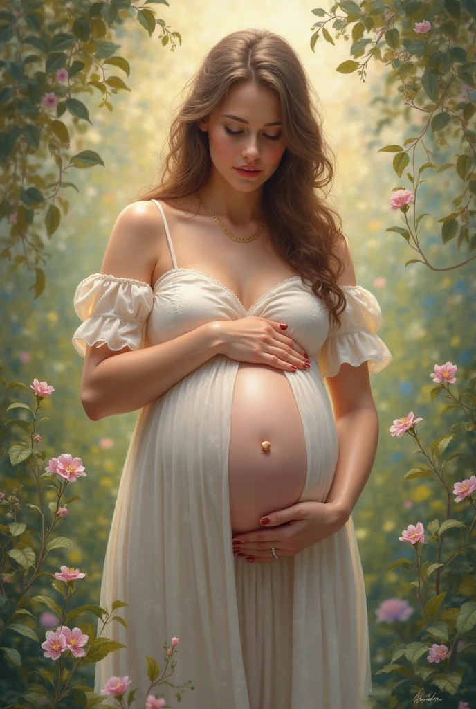 A beautiful and ethereal woman, her long hair adorned with flowers, her pregnancy glowing with life. A caring midwife attends to her, as the dark background is accented with vibrant blooms. Hyper-realistic full-color illustration, (best quality,4k,8k,highres,masterpiece:1.2),ultra-detailed,(realistic,photorealistic,photo-realistic:1.37),beautiful woman, pregnant woman, flowers in hair, long hair, midwife, dark background, floral accents, hyper-realistic, full color, vibrant colors, detailed portrait, intricate details