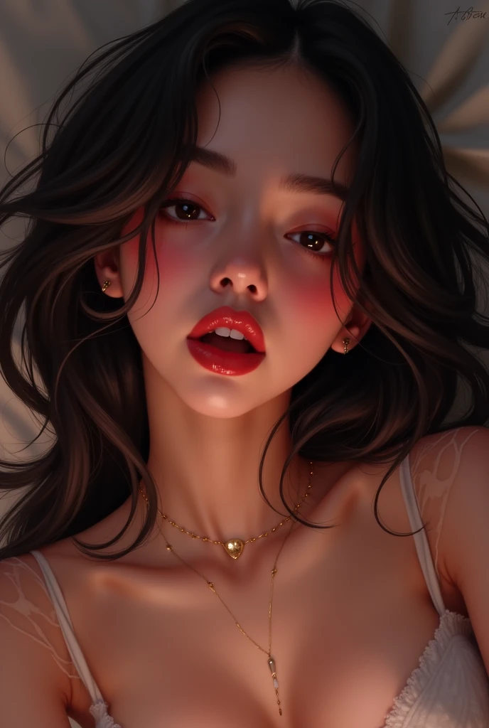 there is a woman with a heart shaped object in her hand, neckline, thick lips, she tit, Portrait Sophie Mudd, thick red lips, 🤤 girl portrait, Amazing beauty, big and full lips, Asian woman, amaranth, deep red lips, sexy girl with dark complexion, sexy lips, Amazing beauty, sexy red lips
