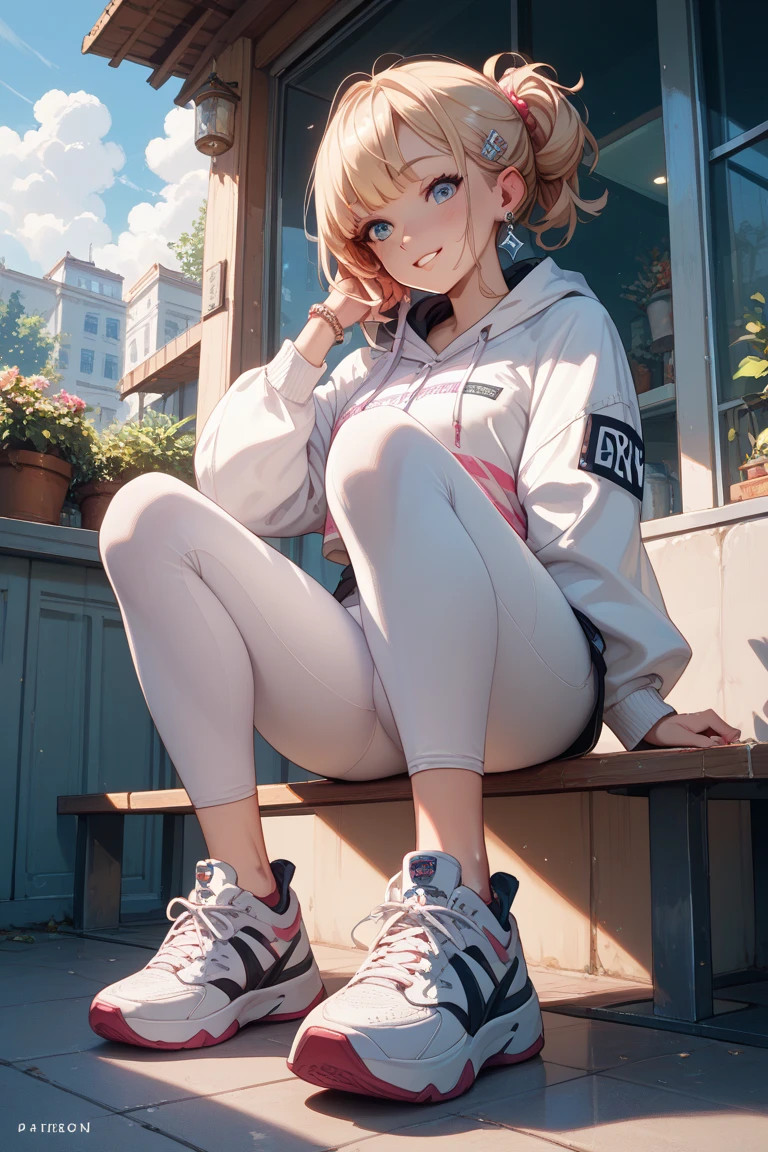 1girl, beige shirt, pink pants, blue eyes, blonde hair, white shoes