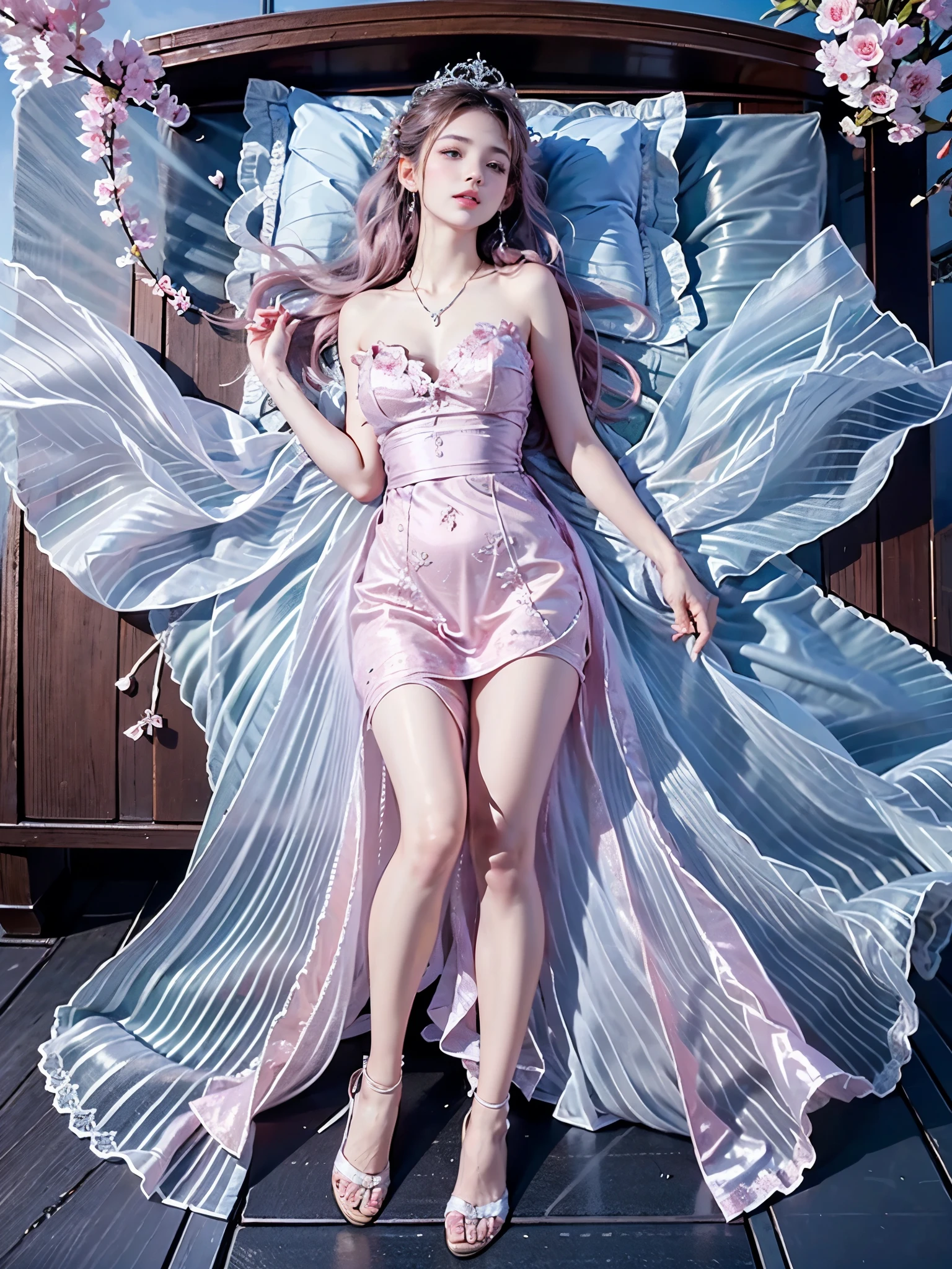 dress,wings,fairy, ,,(full body:1.3), (masterpiece, best quality, ultra detailed), 1 girl, lying supine on a soft light blue bed, looking up with gentle expression, (Big bust, very short hemline), (single bare shoulder:1.3), long flowing pastel pink hair with loose waves, styled with a small tiara and flower hair ornaments, one hand gently touching hair near temple, other arm relaxed alongside body, (graceful leg pose:1.2), knees naturally bent at 30 degrees, ankles elegantly crossed with right foot over left, feet pointed in pink ankle-strap heels, (anatomically correct legs:1.3), delicate lace necklace, soft rim lighting, dreamy atmosphere, bedroom setting, wooden headboard in background, scattered pink roses on bed.