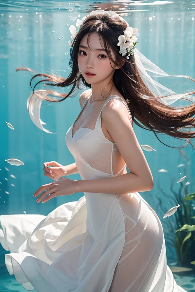 In the center of the image is the、A beautiful Japanese girl with long hair and cosmic beauty is depicted.。Her hair is black、It is tied in a ponytail at the back。Her expression was quiet、It creates a meditative atmosphere。I have my eyes closed.、The calm appearance is impressive.。
She is wearing a white lace bodysuit、The design is very ingenious、It fits snugly to the body。The back of the bodysuit is woven with strings.、Very elegant。On her legs she wears white lace-up boots.、The boots are also very stylish.。
The background is painted in a simple pale green tone.、It highlights her figure。The background has a transparent fluid effect.、It creates a fantastic atmosphere as if you were underwater.。These fluids take on complex shapes.、It reflects light and shines brightly。
The use of light is also very clever.、The light reflecting off her skin and bodysuit is beautifully rendered.。The reflection of light combined with the transparent fluid、It creates a very fantastic effect。
as a whole、This image depicts a woman of elegant and mysterious beauty.、Gives a strong visual impact to the viewer。Her serene expression and flowing dress、And the transparent effect in the background blends in beautifully.、It offers a highly engaging visual experience。This work is packed with fantastical and artistic elements that users love.。