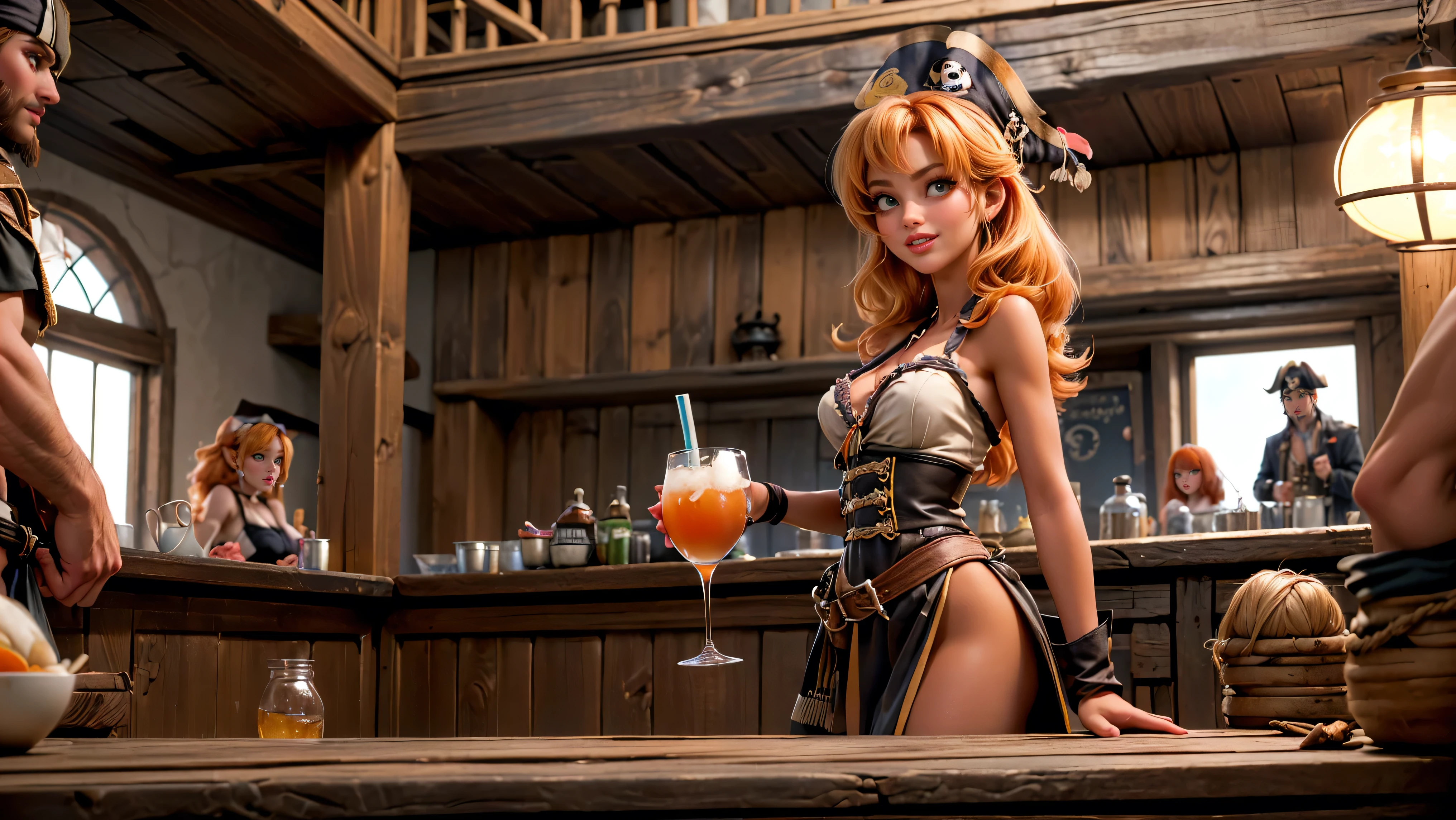 <lora:CherryWorld:1> (CherryWorld:1.2) (1woman (blonde:1.5):1.2) (bra and jean:1.1) near a bar in parís (cool steampunk hat:1.4)