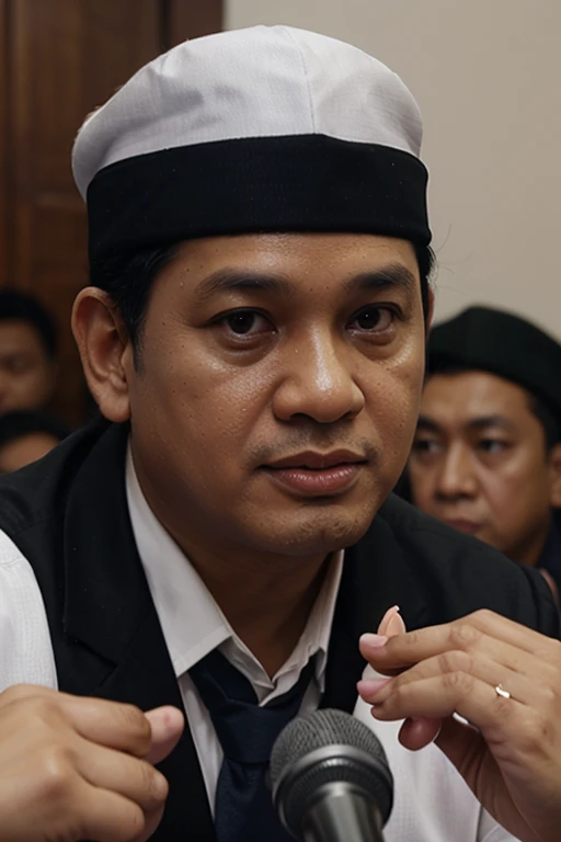 Indonesian Muslim man, aged 50 years or over, wrinkled brown skin, wearing a formal white jacket with the nuances of an Indonesian president, wearing a black songko, tall, slightly large nose, clear black eyes, slightly thick lips, realistic HD quality image.