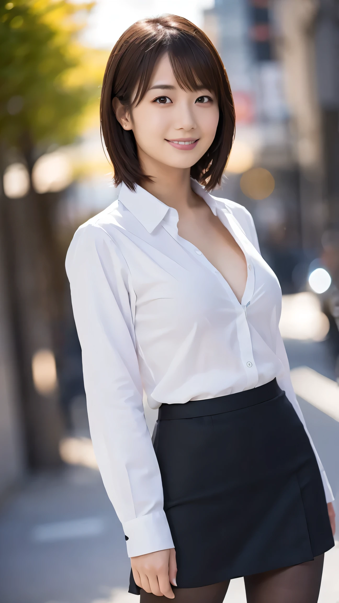 female secretary,Wearing a business jacket,(leaning forward:1.8),The skin is wet from sweat,,Cleavage,office,smile、skirtリフト、skirtを手で上げる,woman, 20-year-old, Black short hair、bangs、(skirt),(White lace panties)、Cute earrings