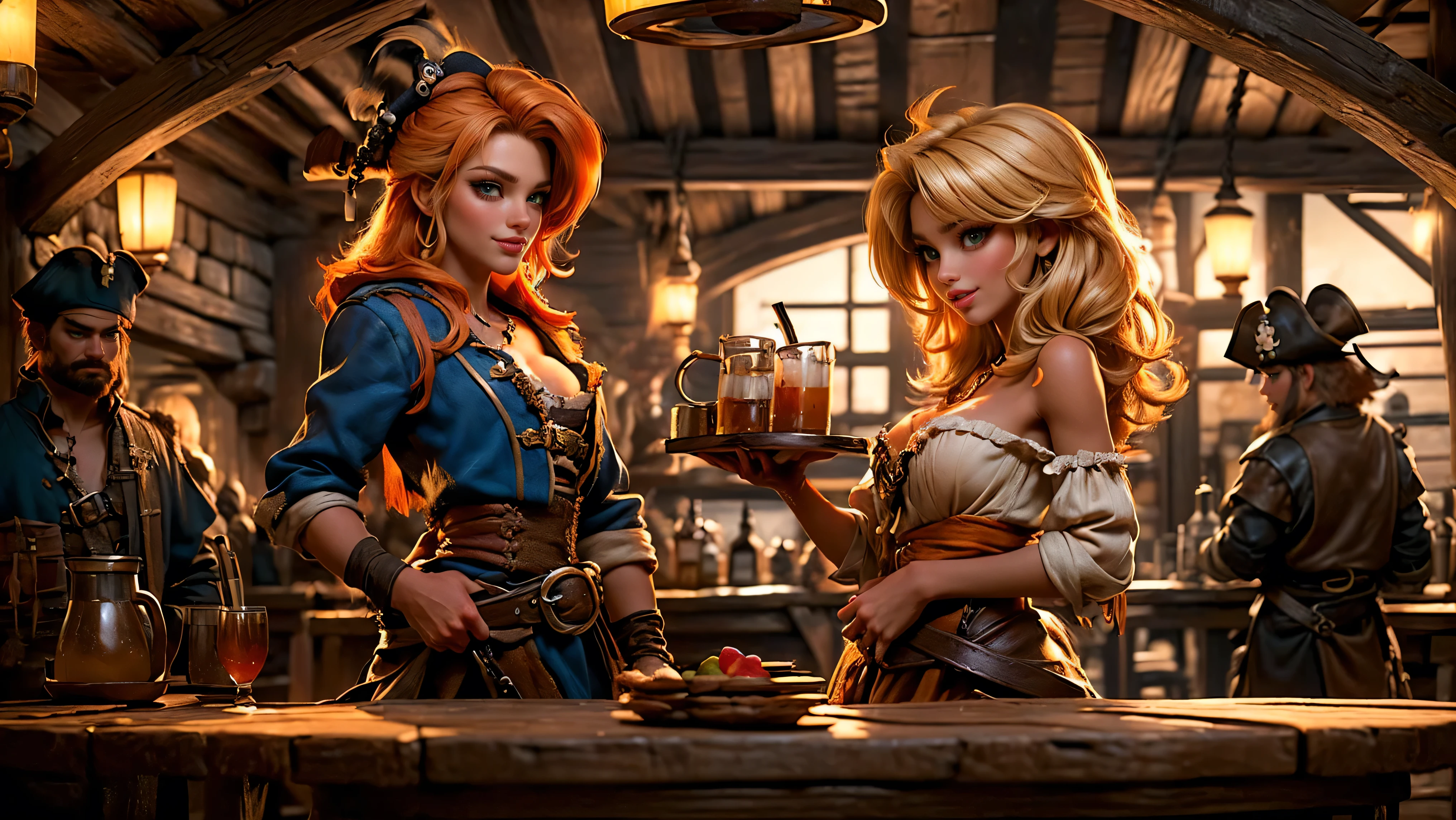 ((tavern and brothel filled with men)), ((1 redheaded tavern wench serving drinks to old pirates)), ((messy hair, orange hair)), ((1 serving girl)), ((solo girl)), ((ager)), (()), ((littlegirl)), ((Smiling)), ((little)), ((dark tan skin)), ((cute girl)), ((she is serving the pirates)), ((pirates are lusting after the girl)), ((pirates are large burly men)), ((pirates have dark hair)), ((men have blonde hair)), ((men wearing pirate cloths)), ((unshaven pirates)), ((she walks to the tables carrying tankards)), ((the men can't help but stare at her beauty as she walks by)), old tavern, pirate tavern, pirates holding and drinking tankards of ale,