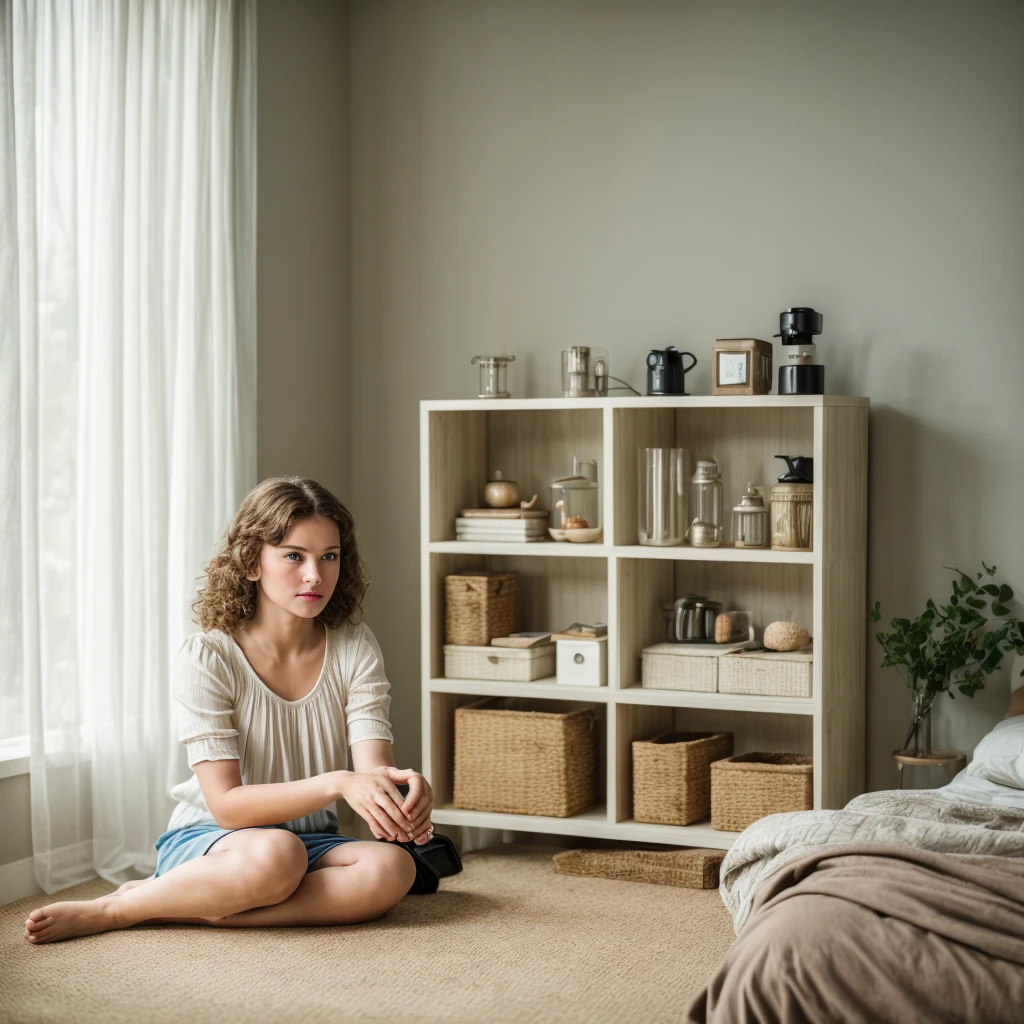 young girl, blond hair, standing, home, german, dressed, photorealistic --auto