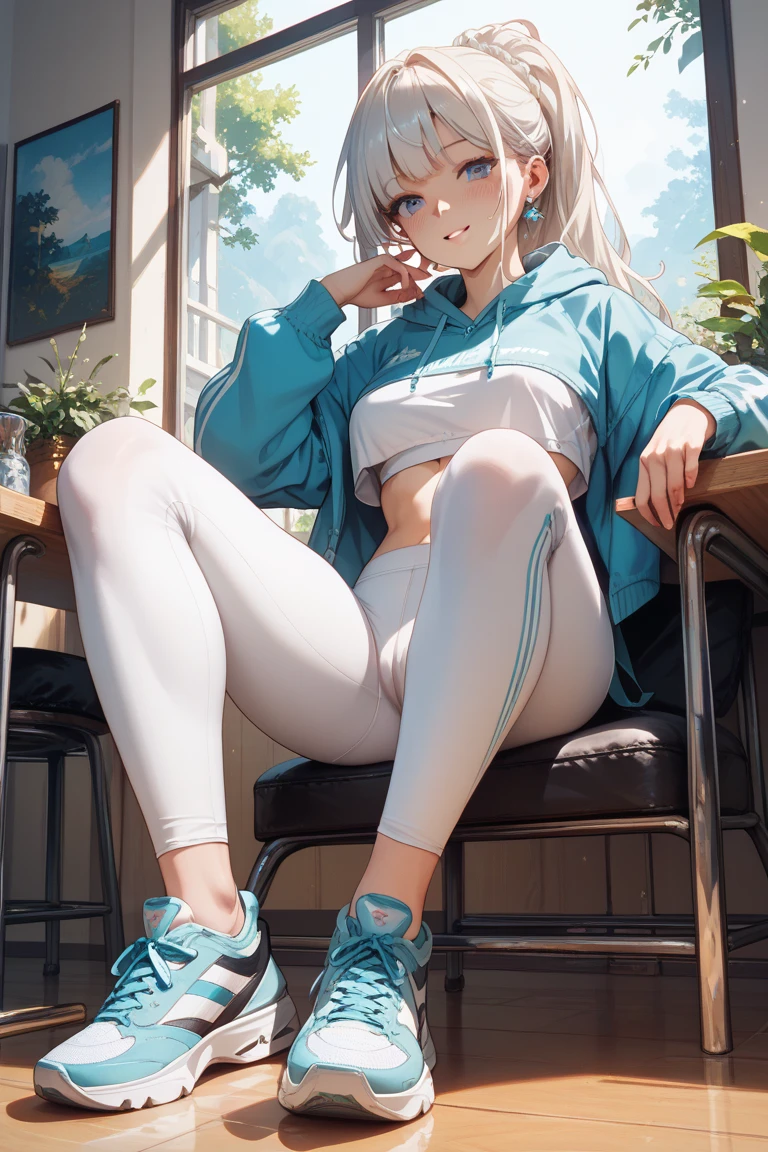 masterpiece、Highest quality、high resolution、Long silver hair、Taking off her blue gym clothes in the school locker room。She is looking in the mirror、Hair tied in a ponytail。